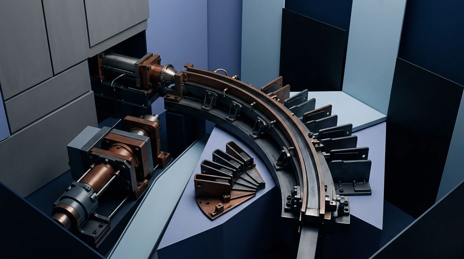 An industrial three dimensional render displays curved polymer extrusion tooling alongside copper lined hydraulic cylinders on abstract geometric pedestals.