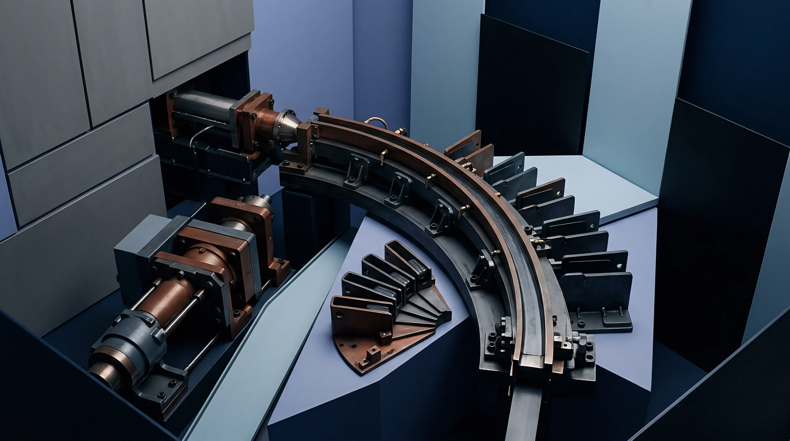 An industrial three dimensional render displays curved polymer extrusion tooling alongside copper lined hydraulic cylinders on abstract geometric pedestals.