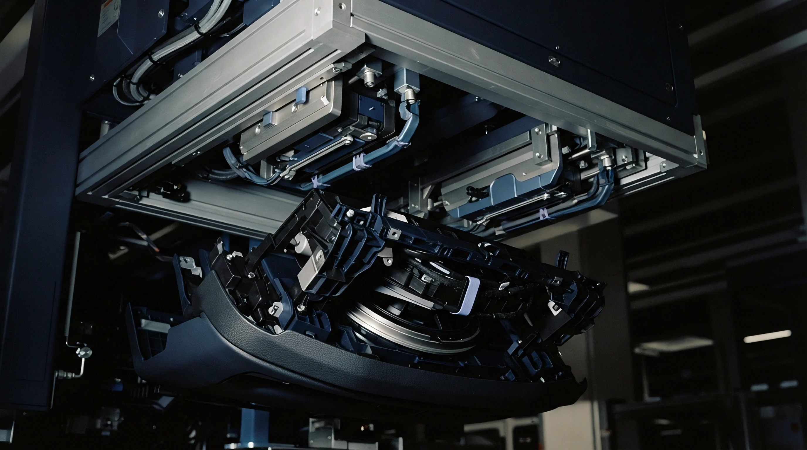 An automated industrial fixture holds a large molded thermoplastic automotive component beneath a complex metallic overhead assembly frame in a manufacturing facility.