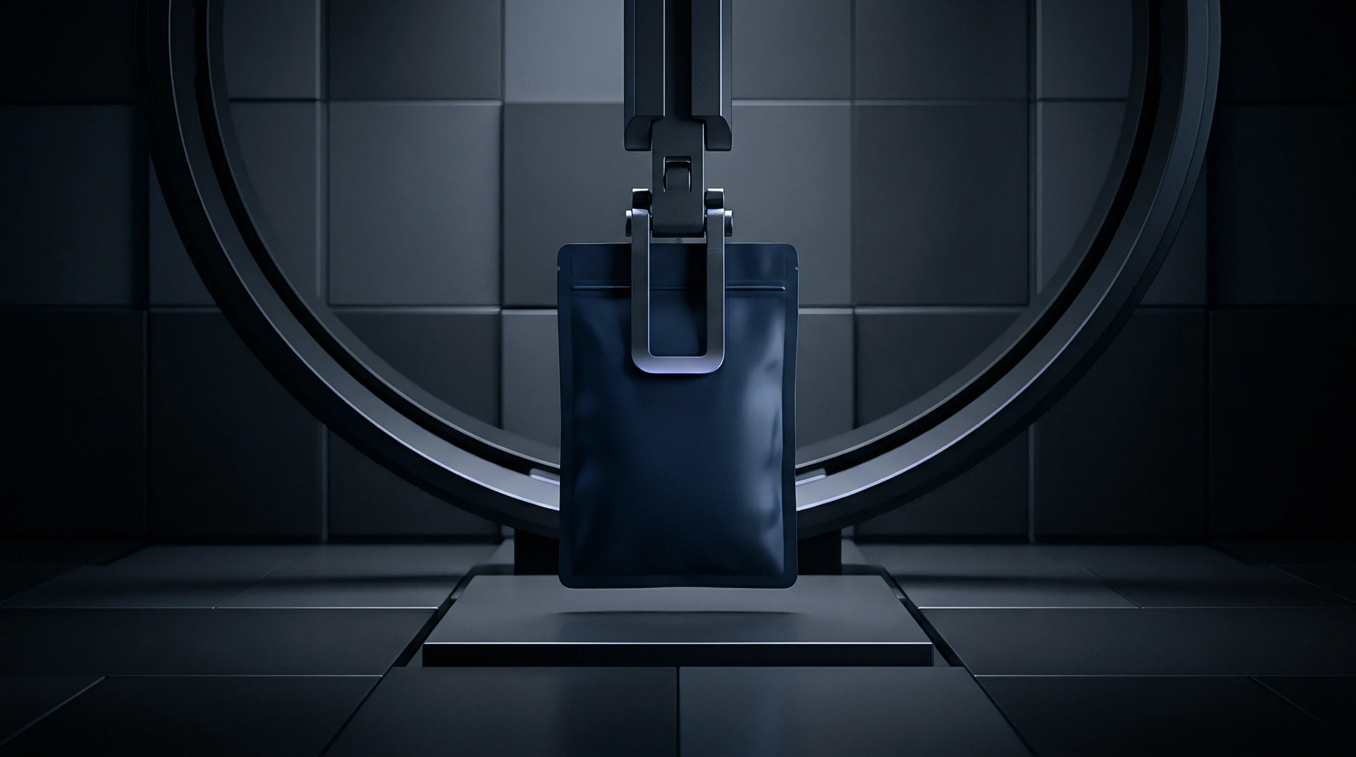 A computer-generated illustration shows a dark flexible polymer pouch suspended by an automated manipulator within a controlled manufacturing facility.
