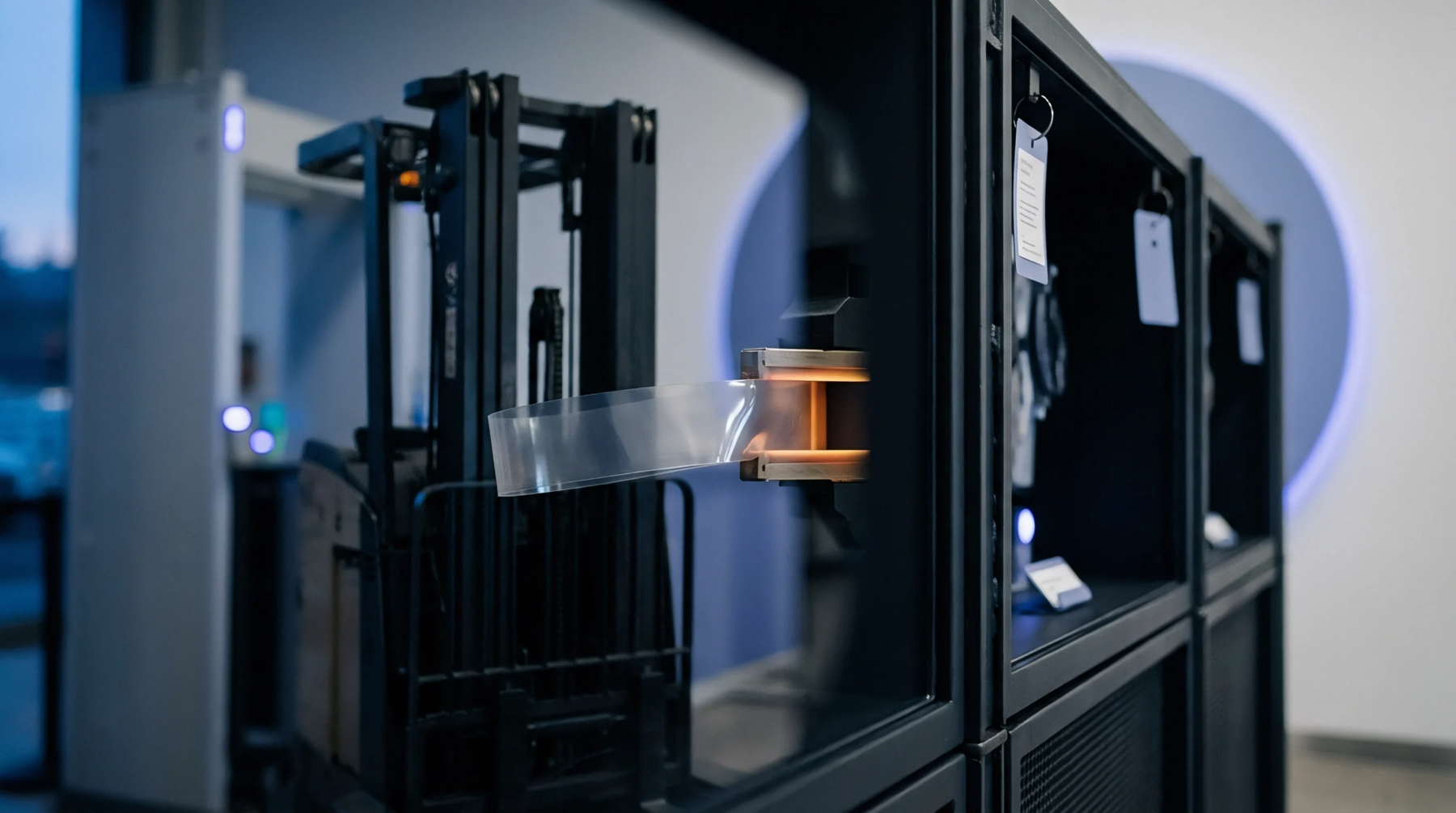 A clear polymer film loop extends between two sensor jaws mounted on black metal frames inside an industrial production facility.