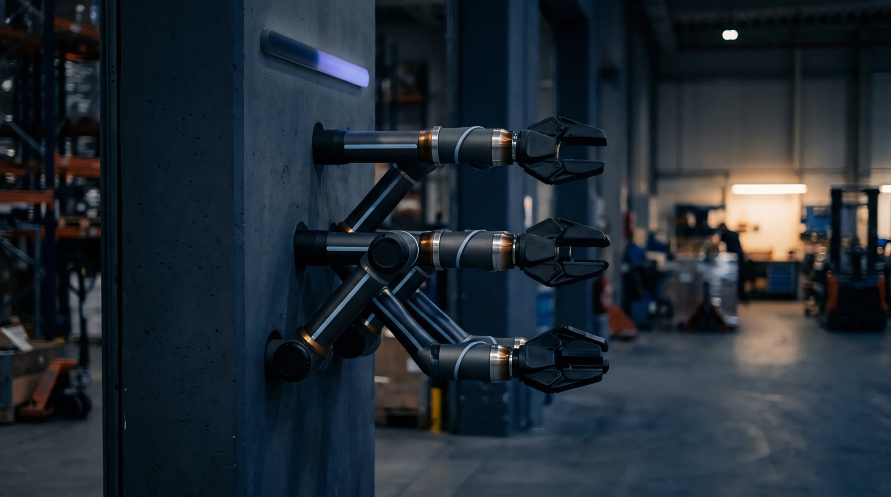 Three mechanical robotic extraction arms protrude from a heavy industrial concrete pillar inside an automated polymer processing facility.