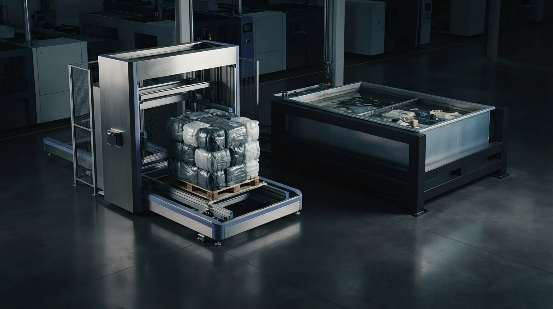 Automated pallet wrapping machinery encases a load of wrapped bales, adjacent to an industrial tank filled with water and textiles.