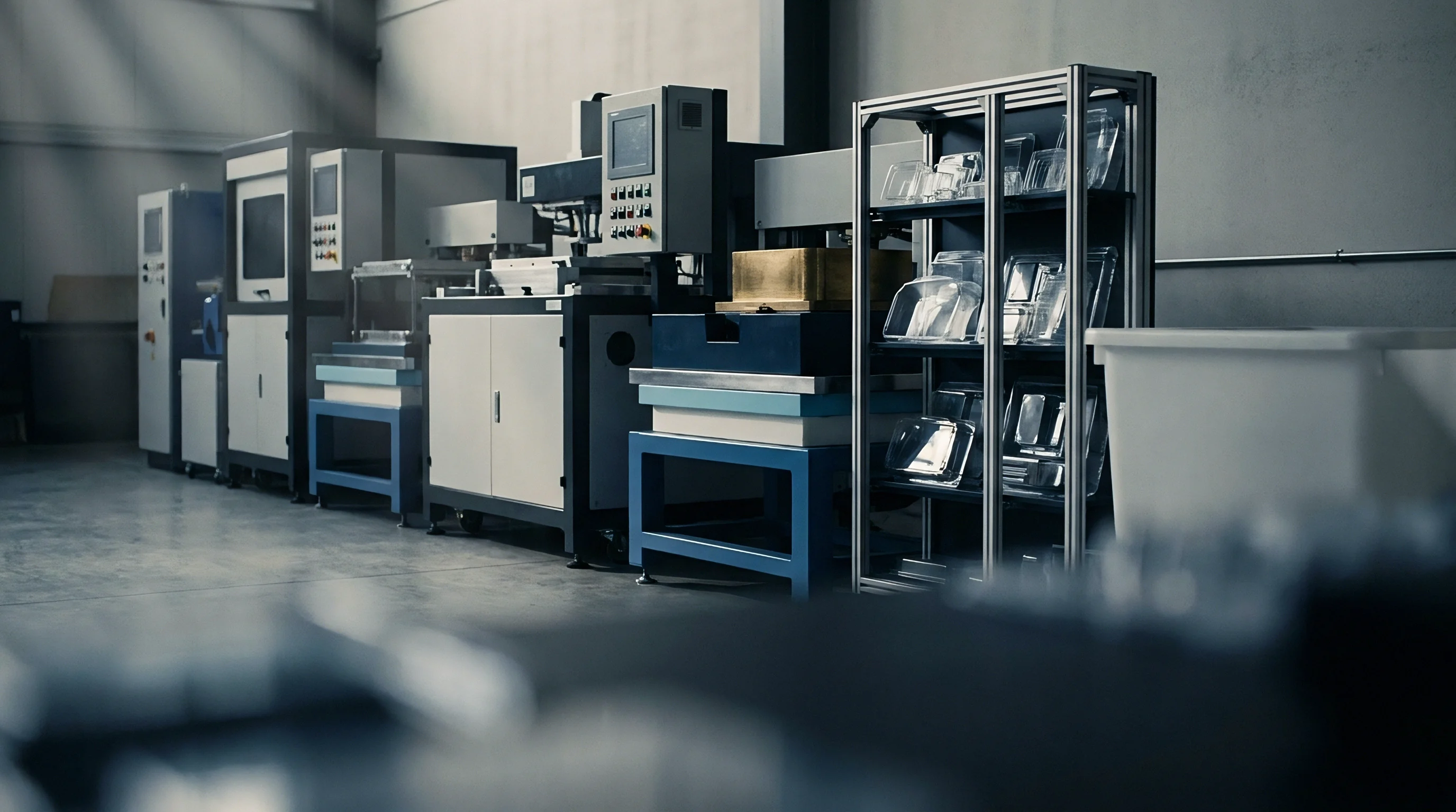 Thermoforming machinery stands alongside metal shelving units holding clear plastic containers within a dedicated industrial production facility.