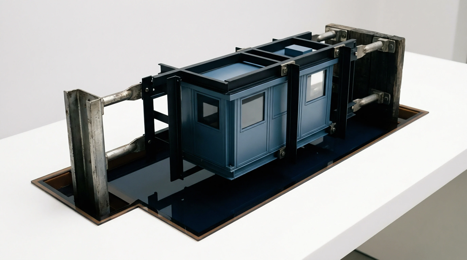 A painted blue molded polymer enclosure rests inside a heavy steel structural clamping assembly mounted above a dark reflective surface.