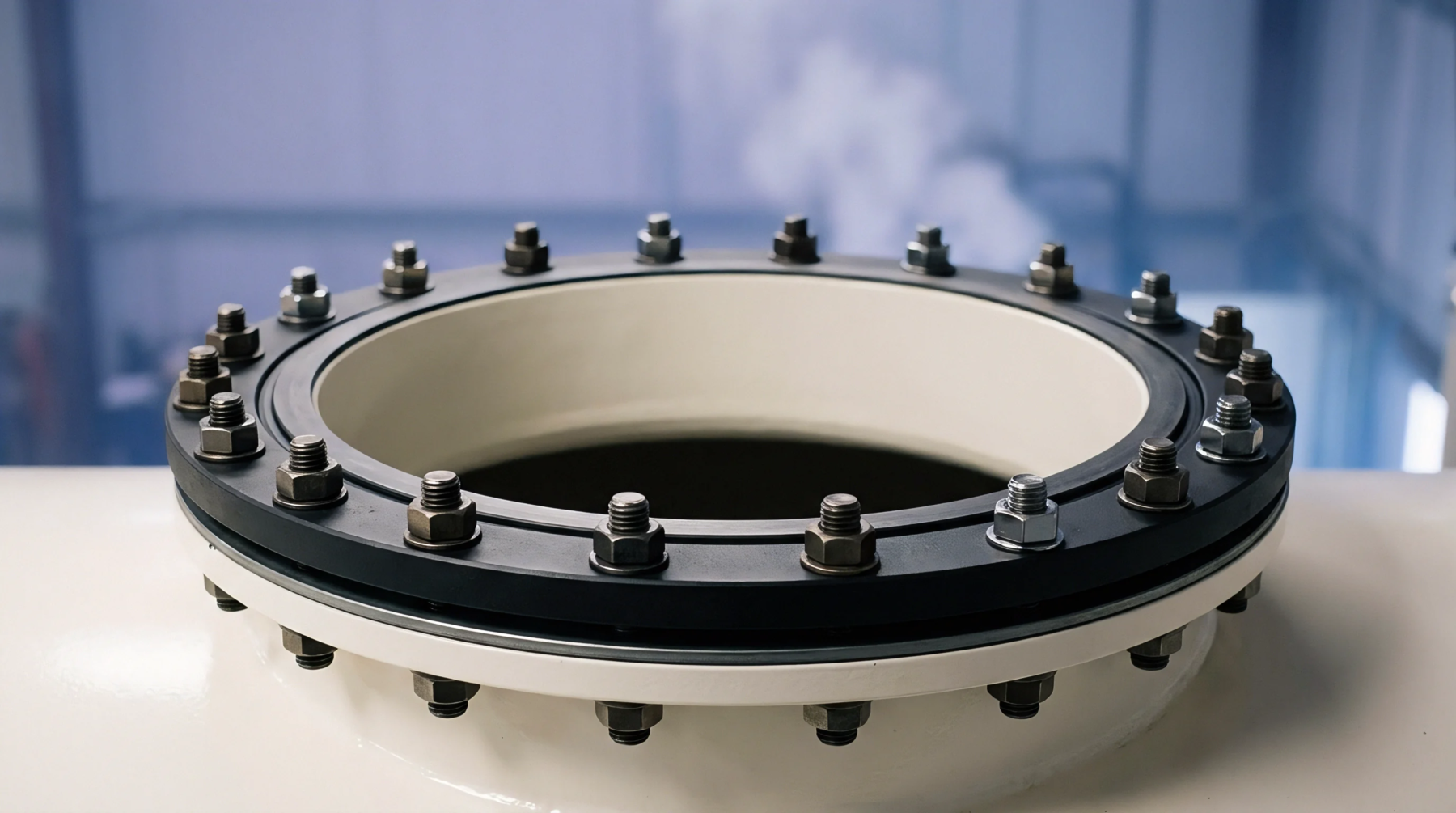 A steel bolted flange connects industrial piping segments within a production environment featuring visible vapor trails in the blurred background.