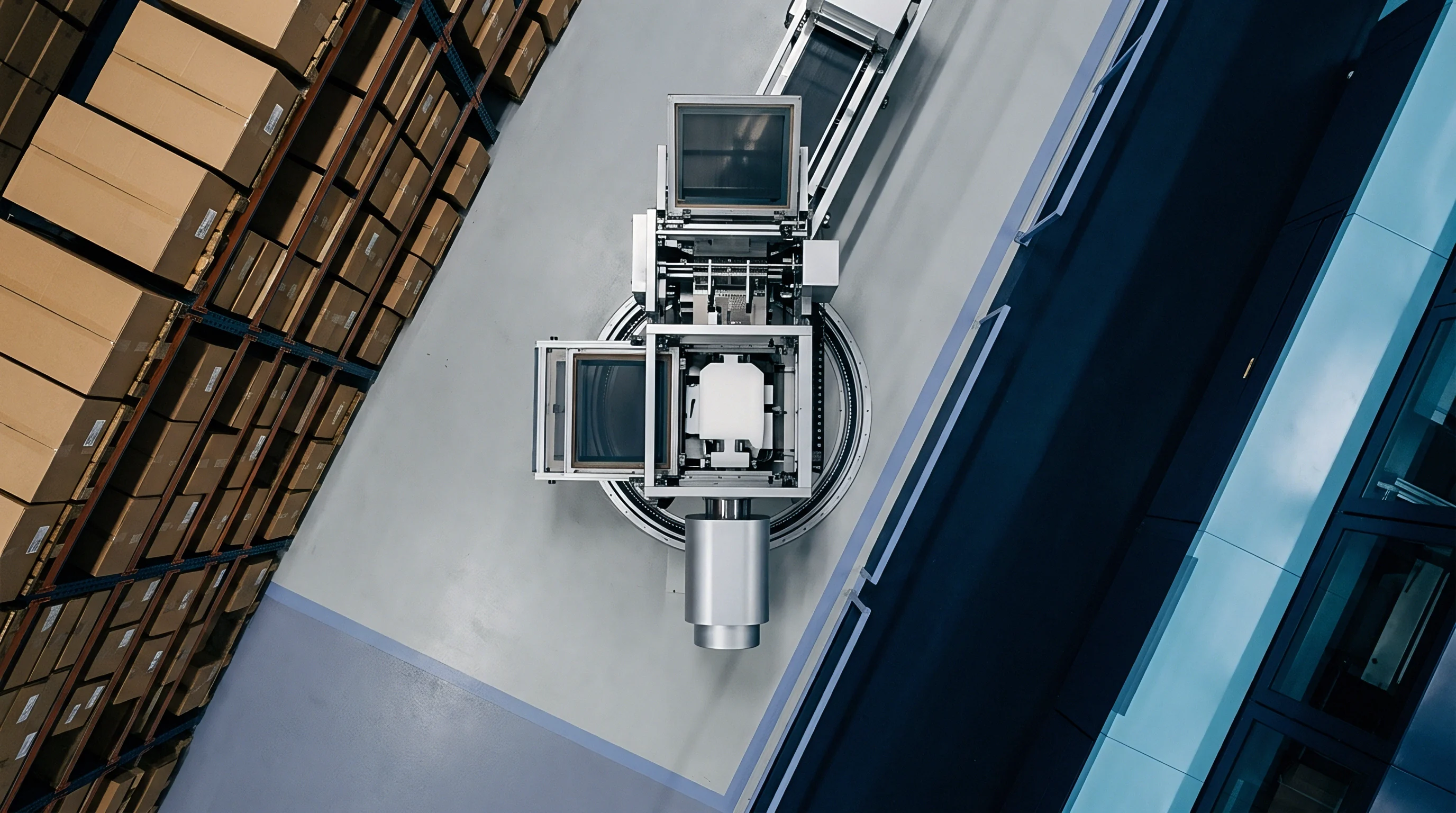 Centralized industrial molding equipment occupies the factory floor adjacent to dense vertical storage racks filled with stacked cardboard product cartons.