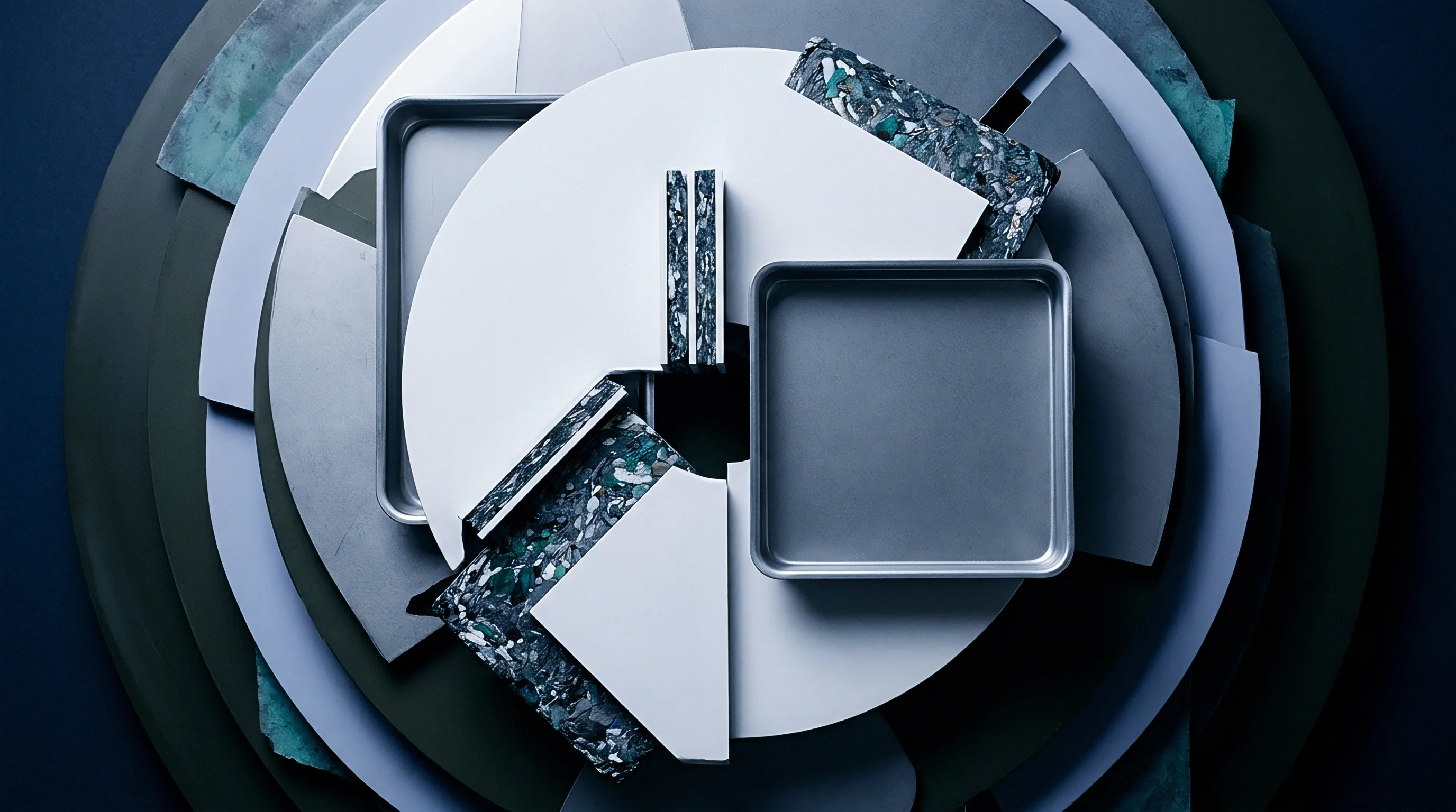 Nested circular and geometric polymer components arranged in an abstract graphic composition feature recycled composite textures alongside metallic injection trays.