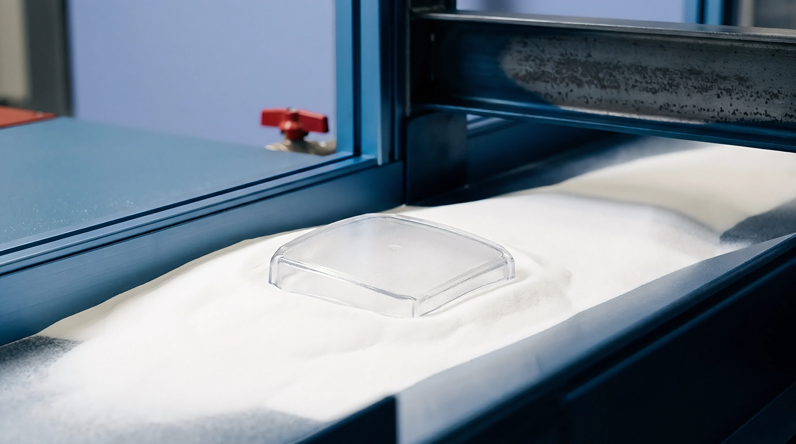 A transparent moulded plastic component is partially embedded within a bed of fine white powder in an industrial production environment.