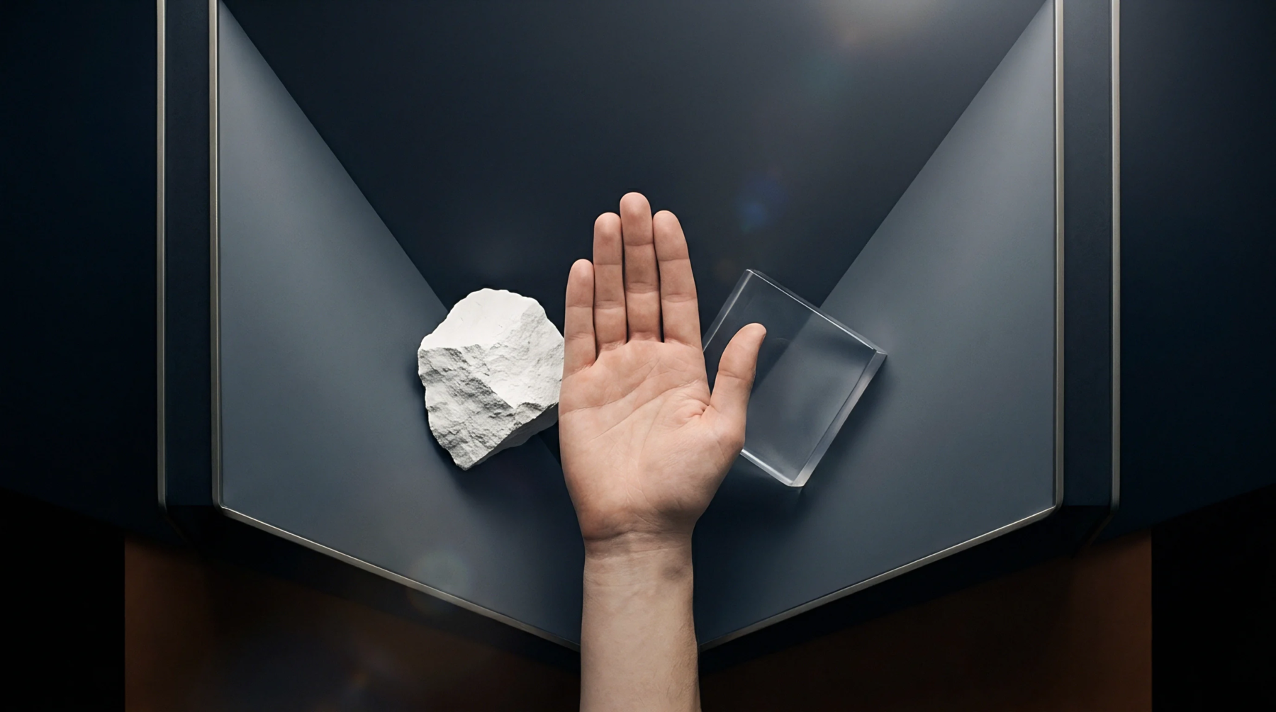 An open human hand rests between a rough mineral filler sample and a transparent polymer block inside a testing chamber.
