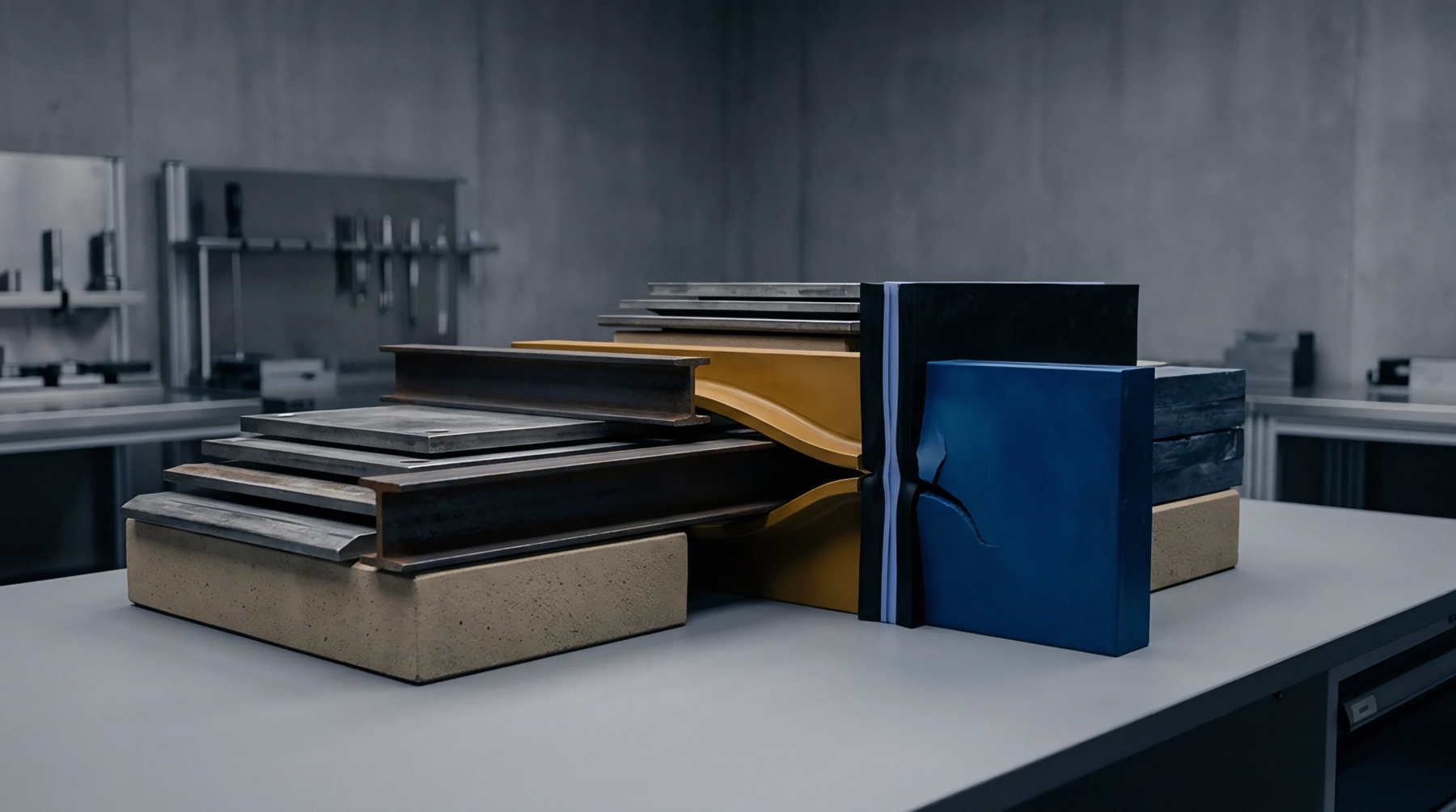 Assorted metallic I beams and synthetic polymer specimens rest on a laboratory table alongside a heavy stone base in this controlled industrial environment.