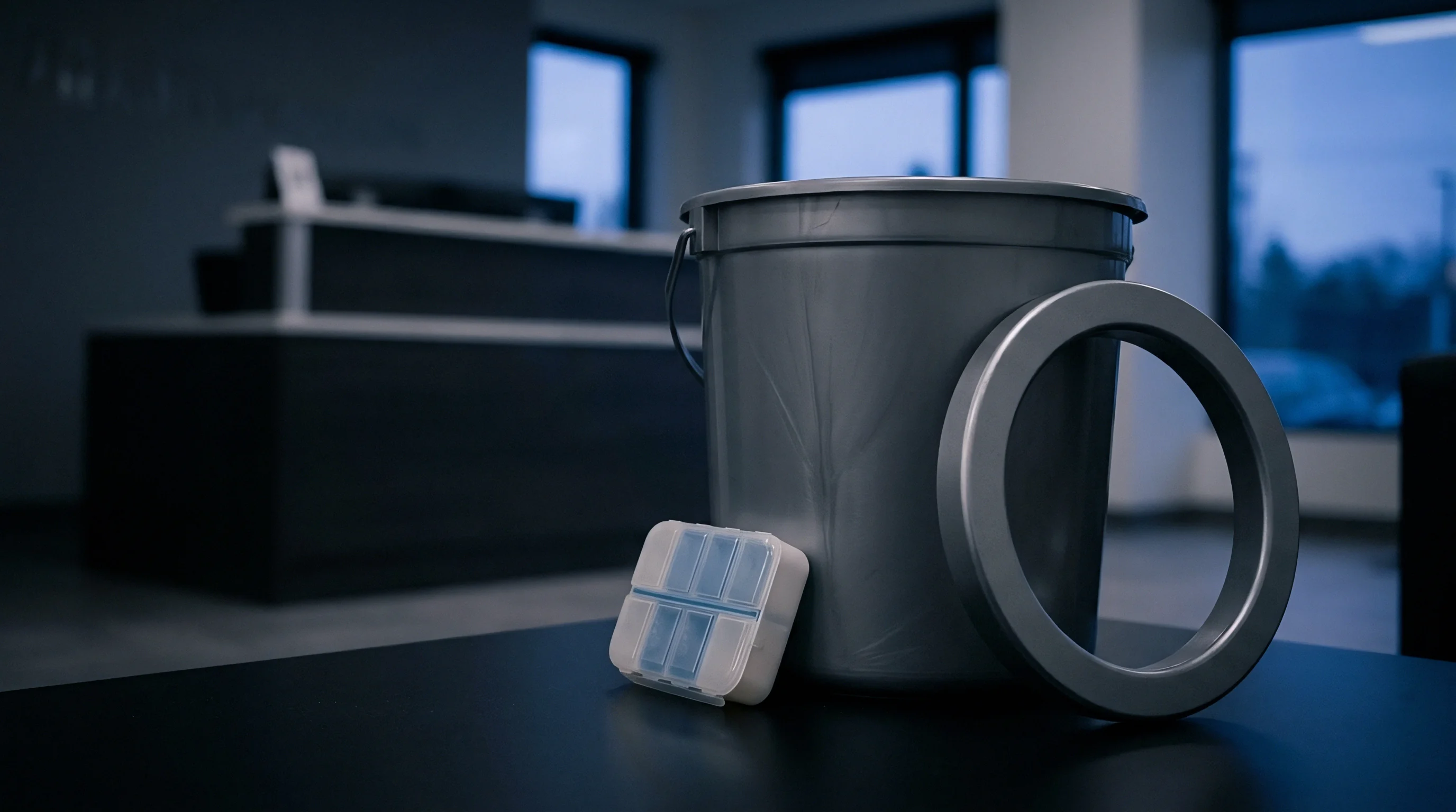 A grey plastic bucket, a matching separate rim, and a multi-compartment clear polymer organizer rest on a dark table in an interior setting.