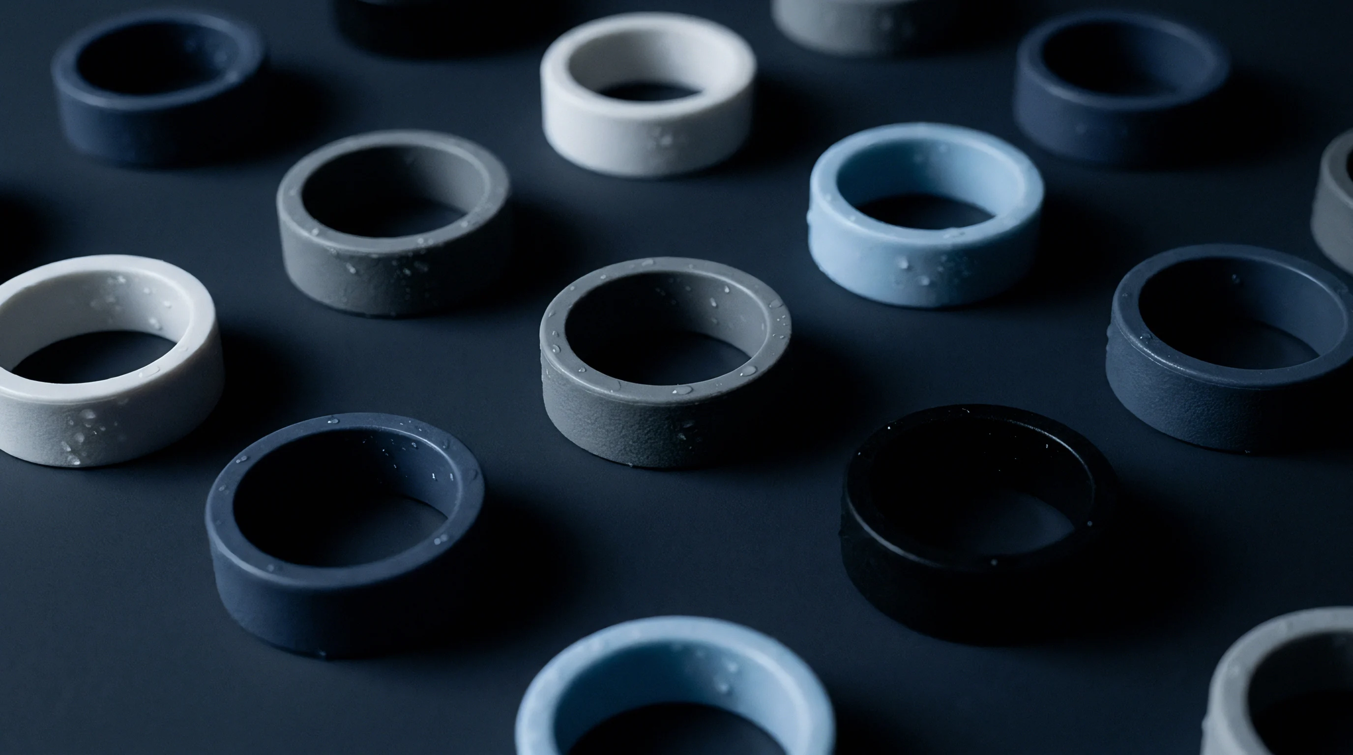 Several injection moulded polymer rings featuring matte finishes and water droplets are arranged across a dark workbench.