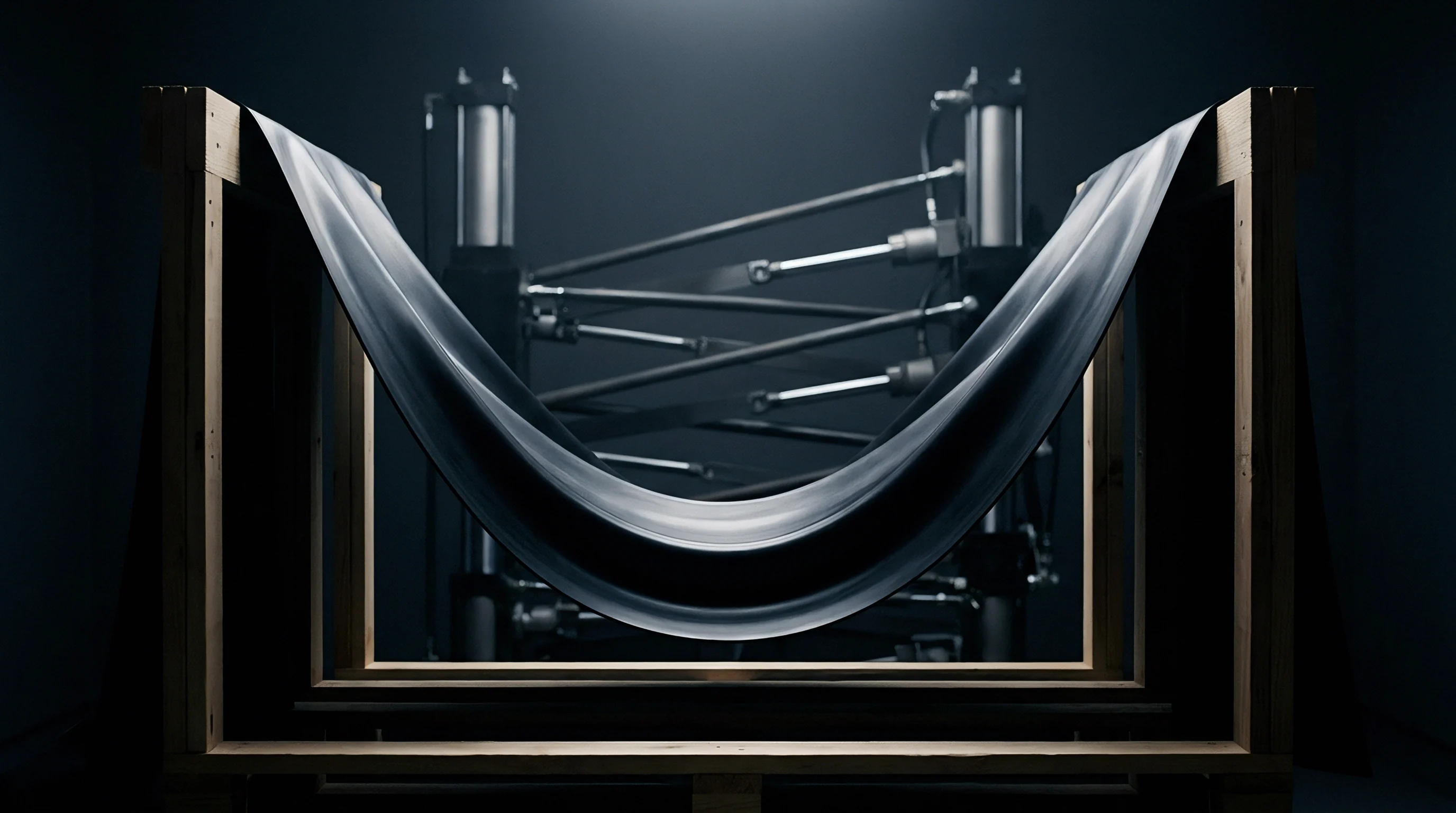 A dark elastomeric sheet hangs suspended within a wooden testing frame connected to industrial pneumatic actuators in a specialized laboratory setting.