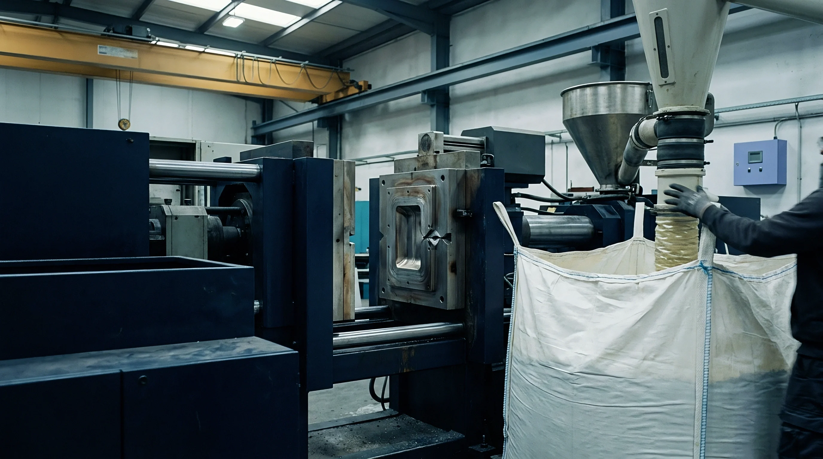 An industrial injection moulding machine operates near a large bulk storage bag and overhead crane inside a high ceiling polymer production facility.