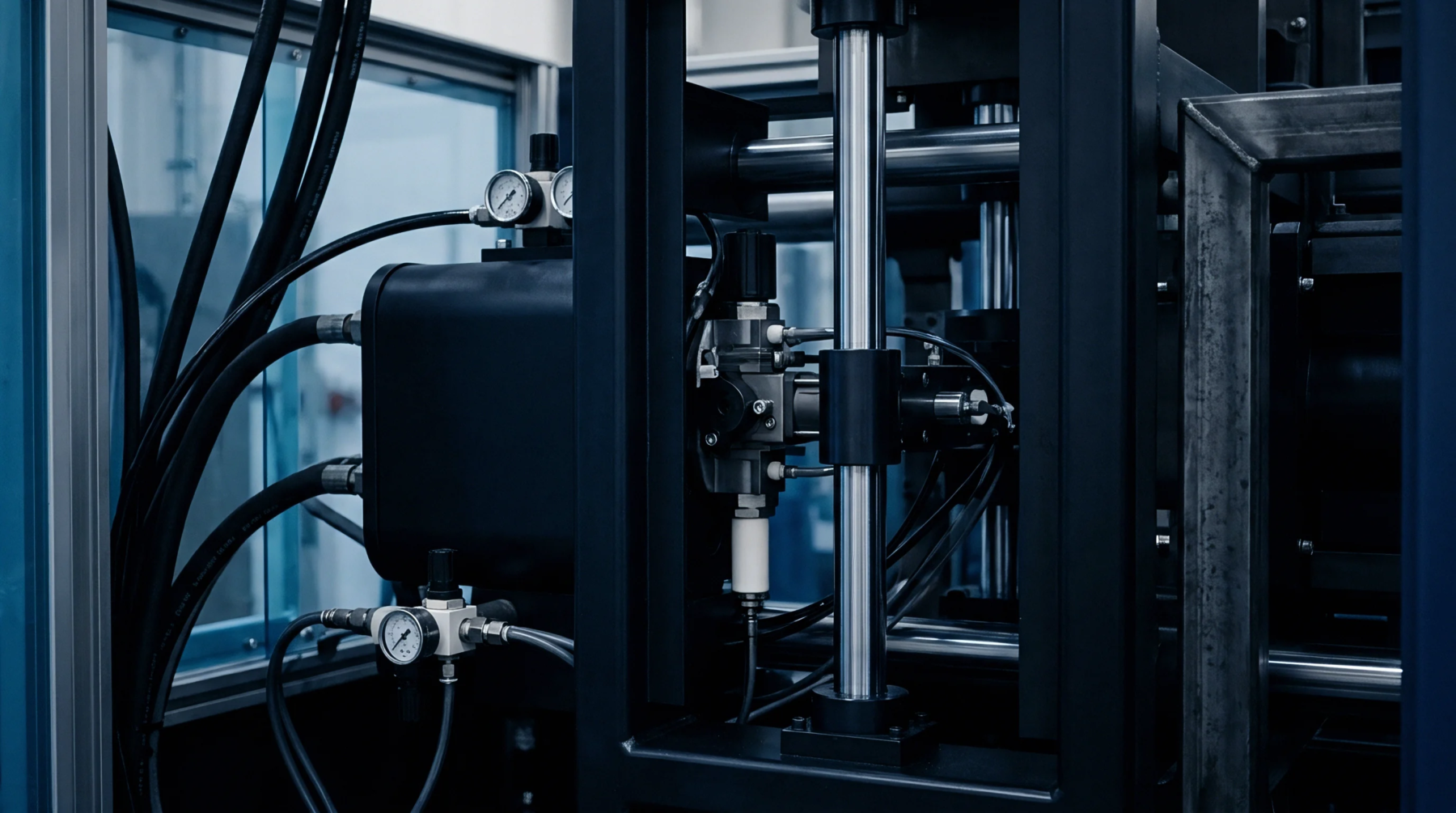 Hydraulic lines connect to pressure gauges and polished vertical guides within a rigid metal frame designed for industrial polymer molding operations.