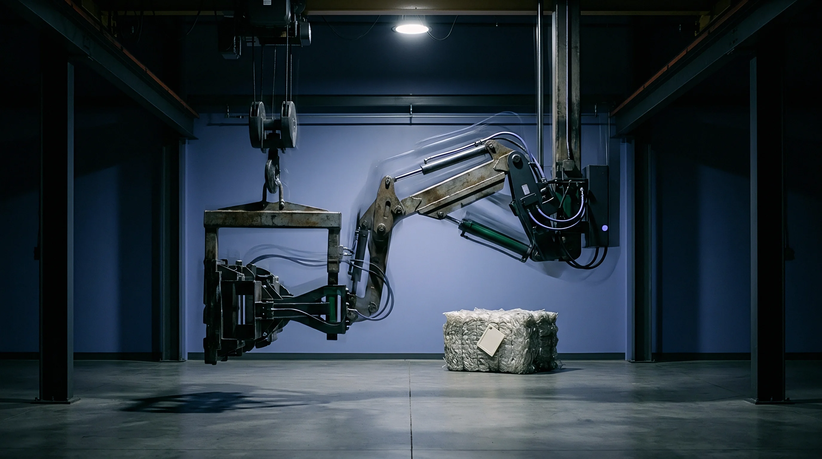 An automated industrial manipulator and overhead crane system handle a compressed bale of plastic scrap material within a production facility.