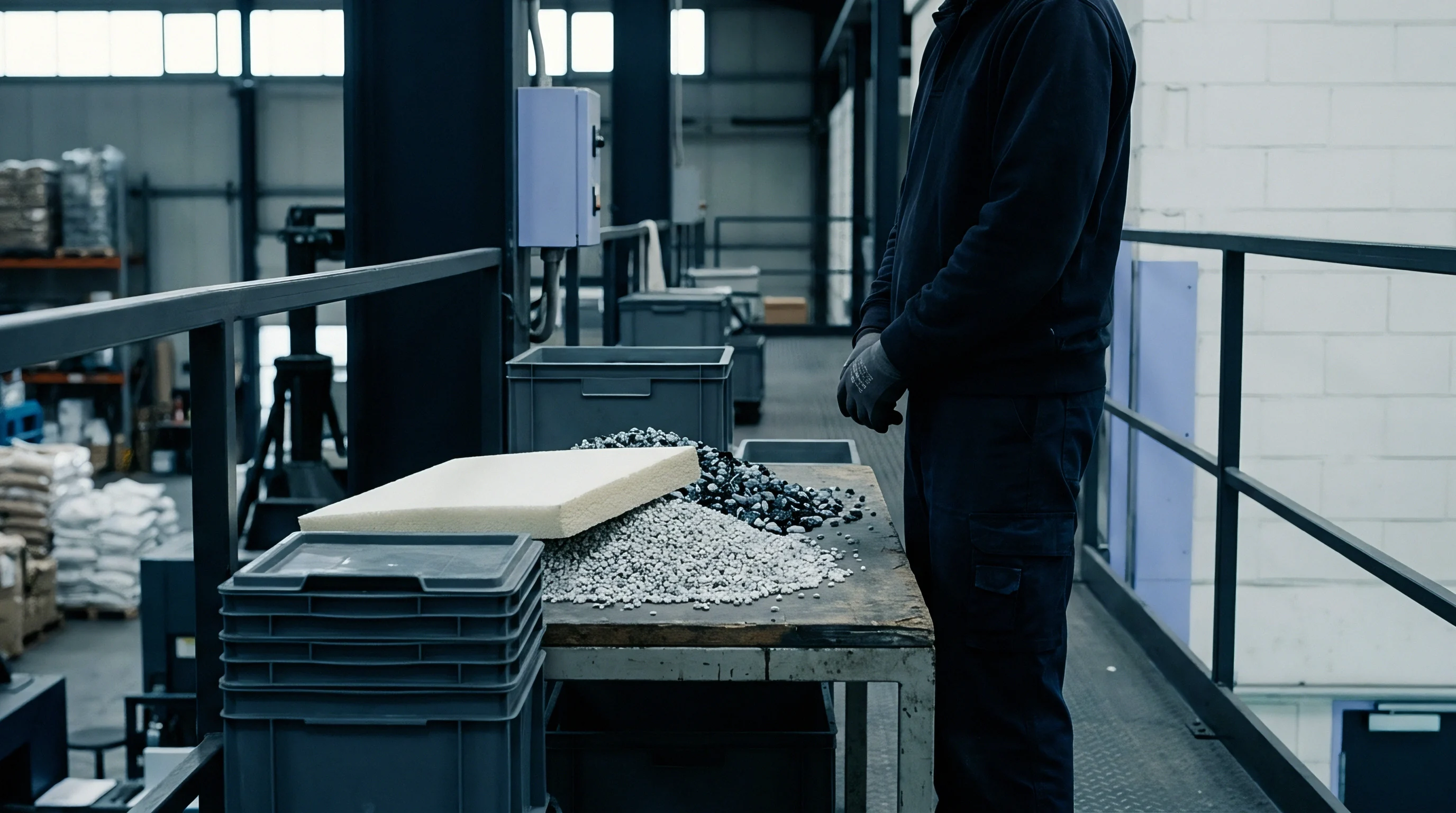 A worker stands by a table in an industrial facility with piles of granular plastic material, a foam block, and plastic crates.