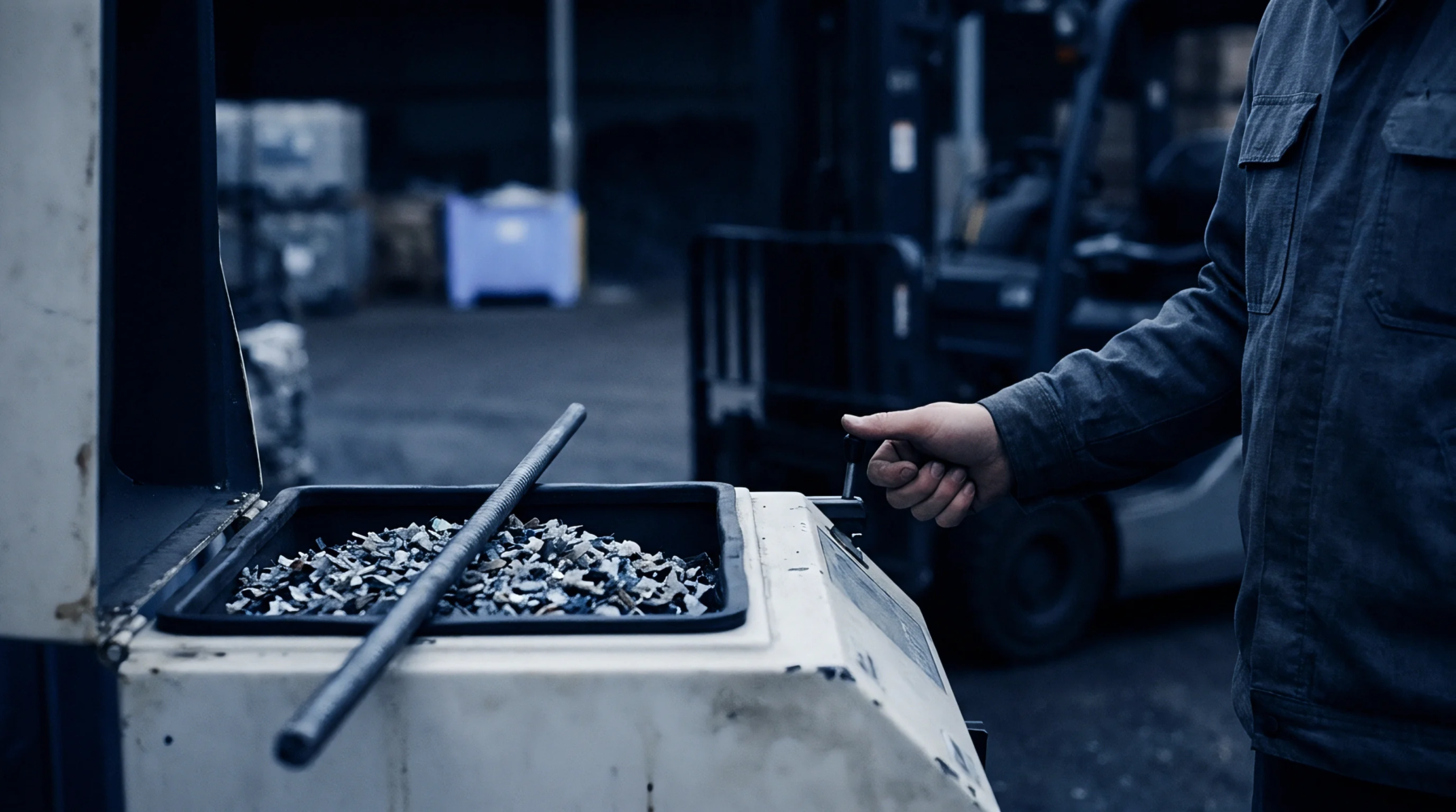 A production operator engages a control lever on an industrial machine containing metallic chips and a long metal rod in a manufacturing facility.