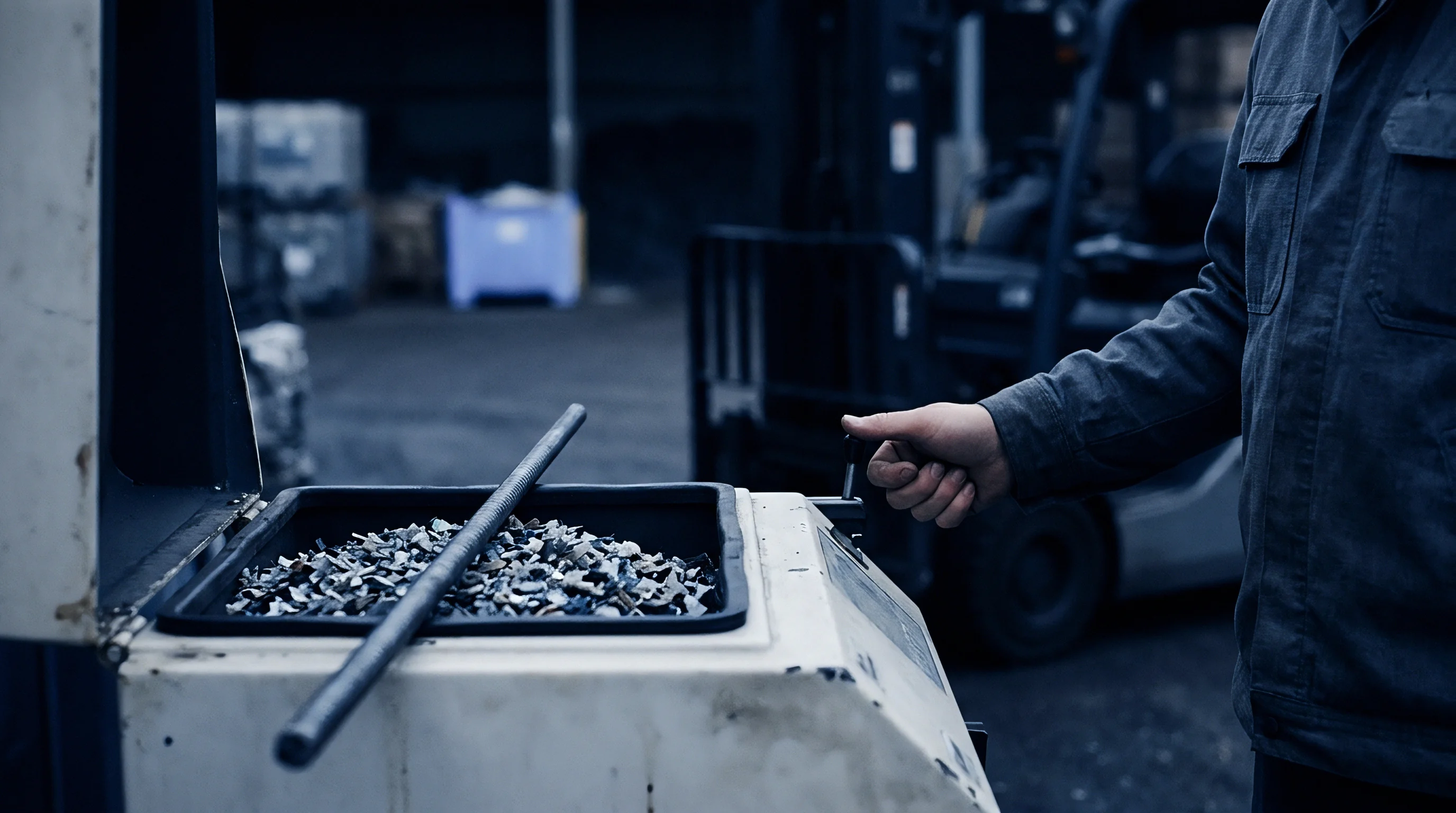 A production operator engages a control lever on an industrial machine containing metallic chips and a long metal rod in a manufacturing facility.