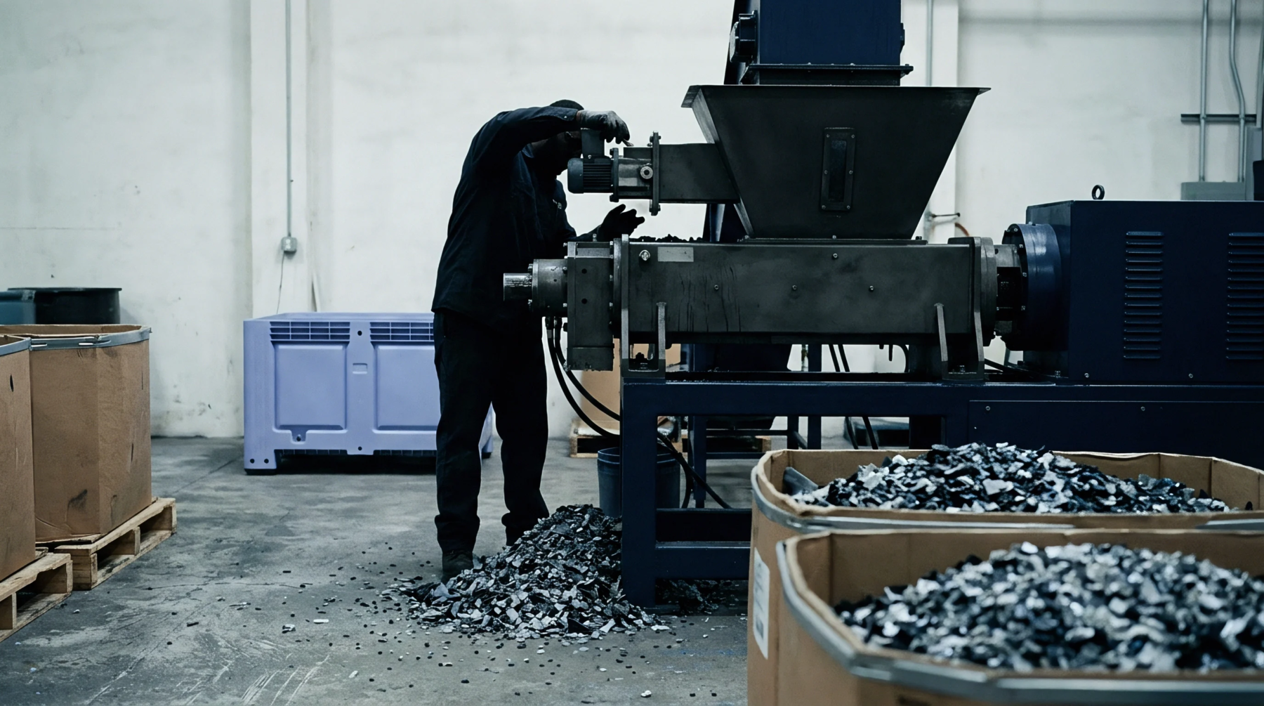 In a manufacturing environment, an operative attends to a heavy-duty granulator system reducing plastic items into granular particles.