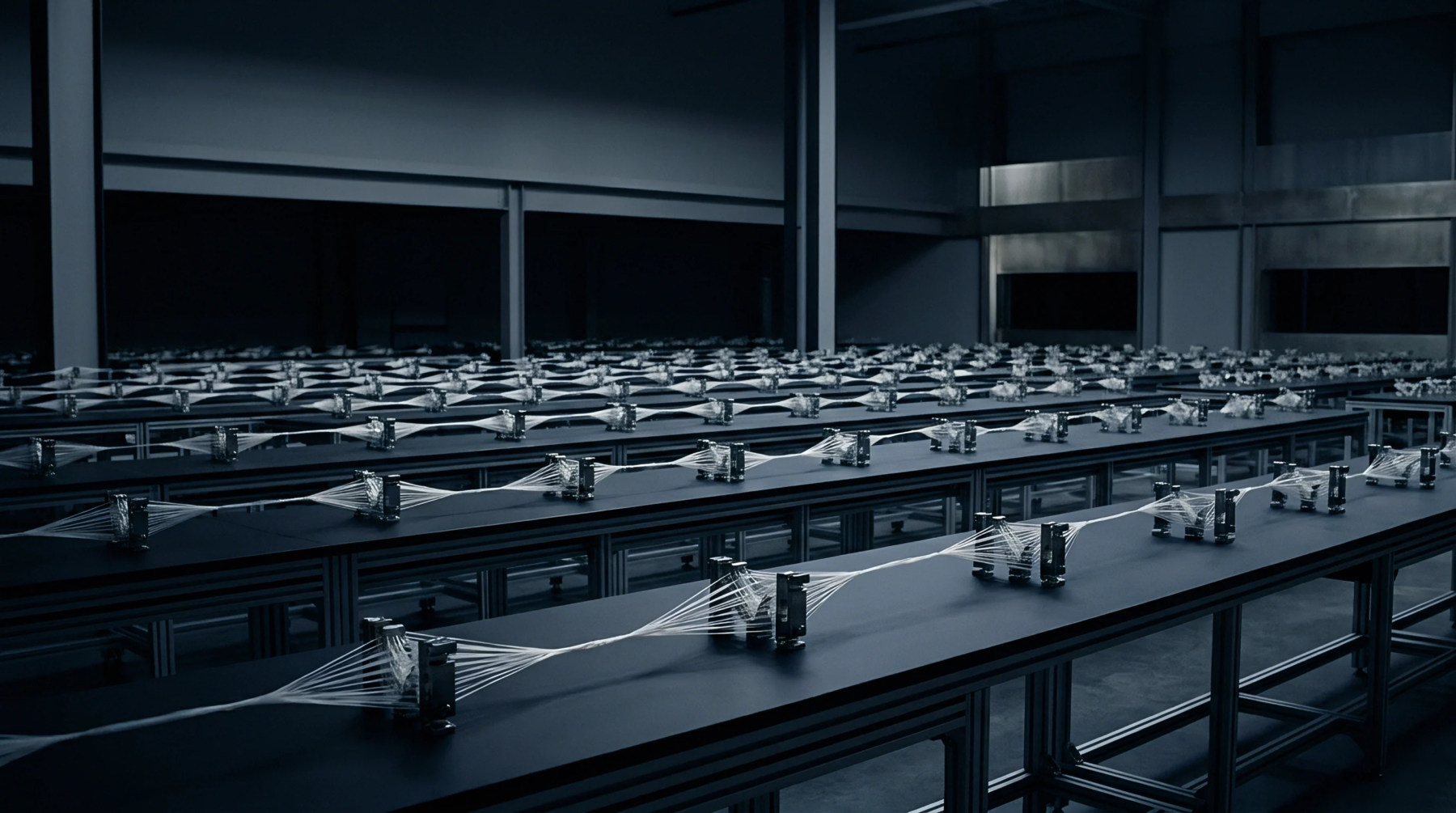 Parallel rows of metal stations process thin polymer filaments stretched across darkened factory workbenches within a large production facility.