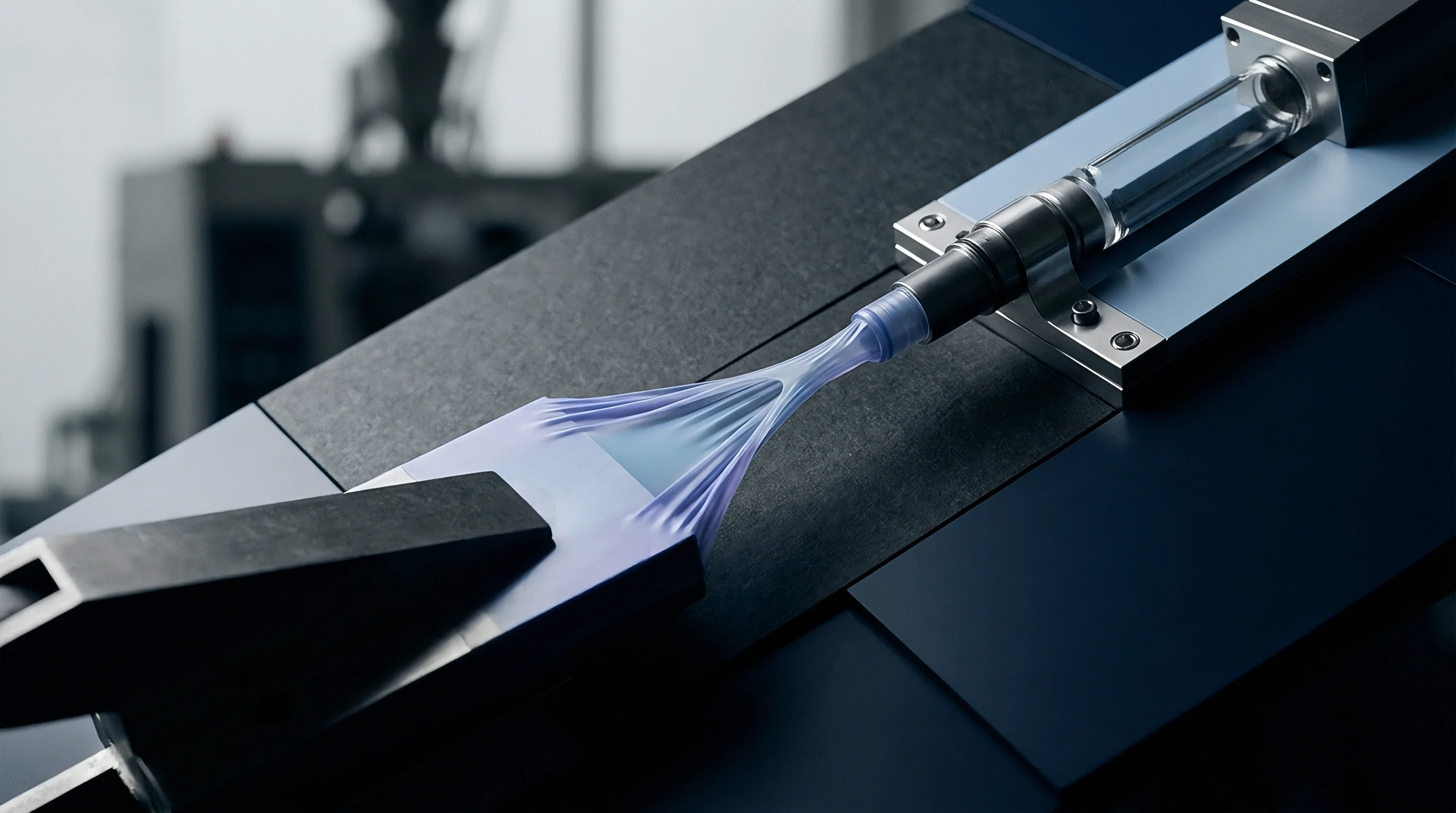 A precision industrial mechanism stretches a thin translucent polymer membrane away from its mount during a material property evaluation procedure in a laboratory environment.