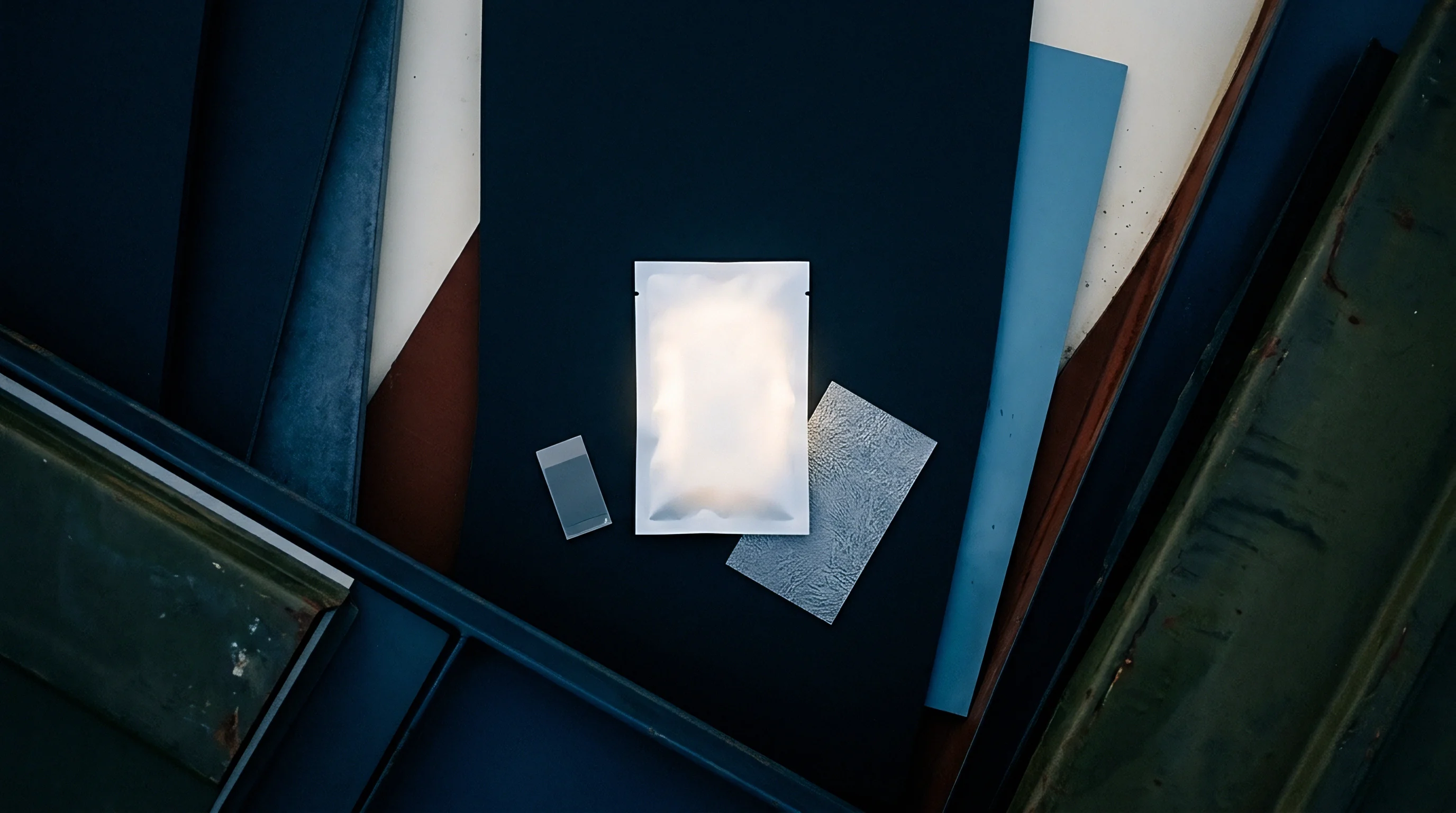 Various flat polymer plates and a textured metallic sheet surround a translucent film packet on a dark matte production surface.