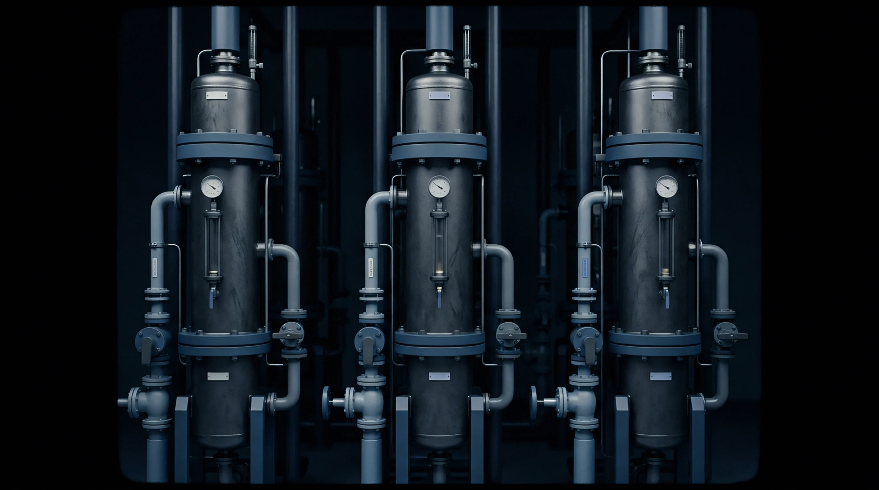 Three matte dark grey industrial processing columns featuring integrated piping and pressure gauges stand in a symmetrical array against a uniform shadowed background.
