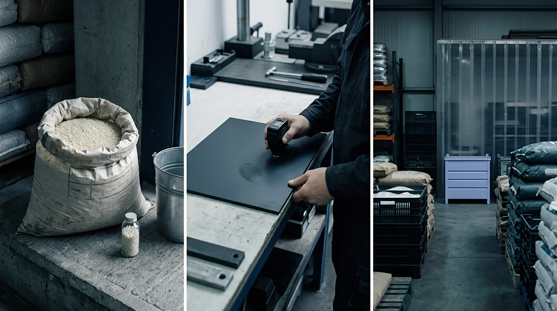 Raw plastic resin pellets stored in heavy duty sacks sit alongside a technician inspecting a dark sheet specimen for quality assurance.