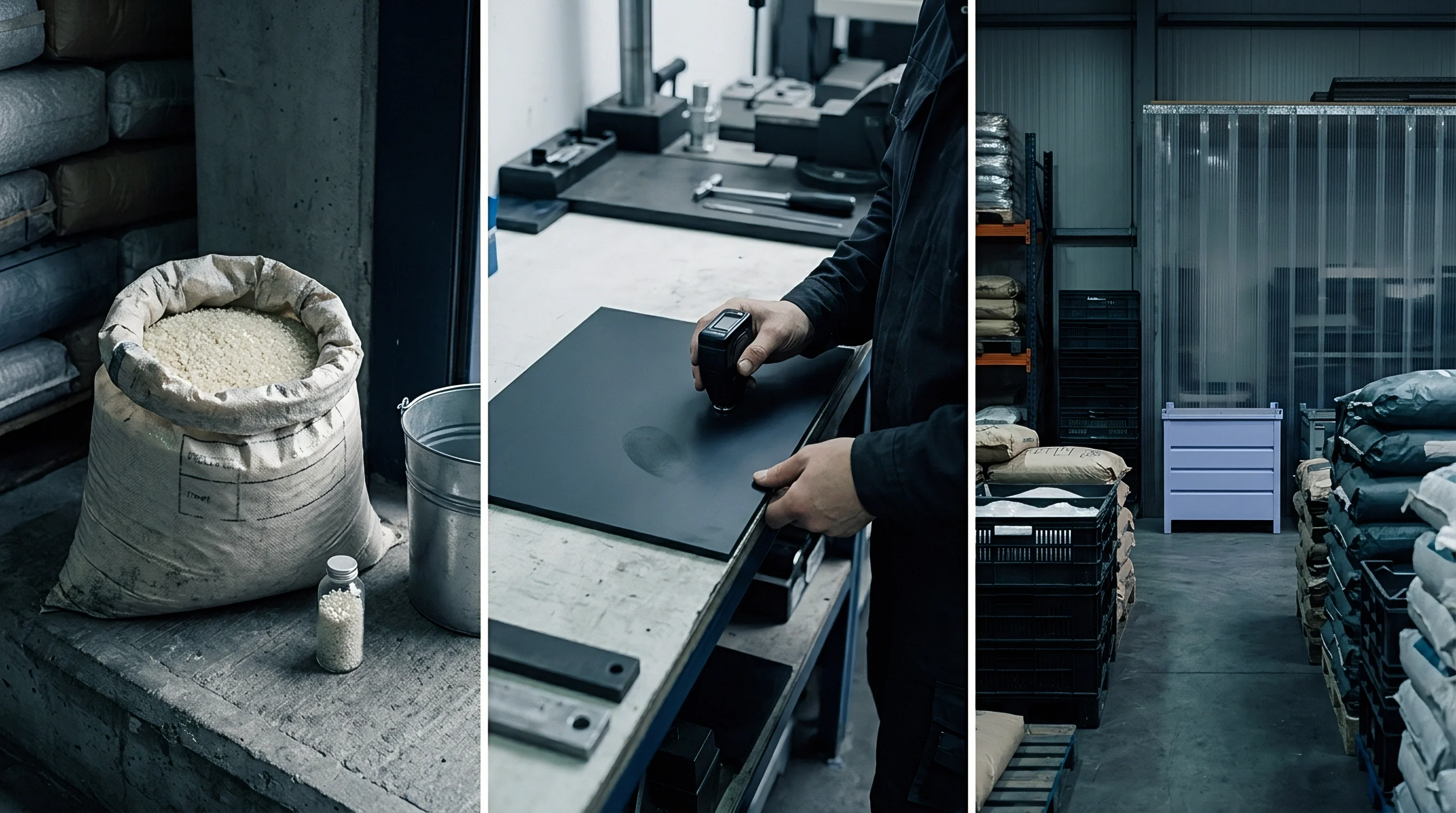 Raw plastic resin pellets stored in heavy duty sacks sit alongside a technician inspecting a dark sheet specimen for quality assurance.