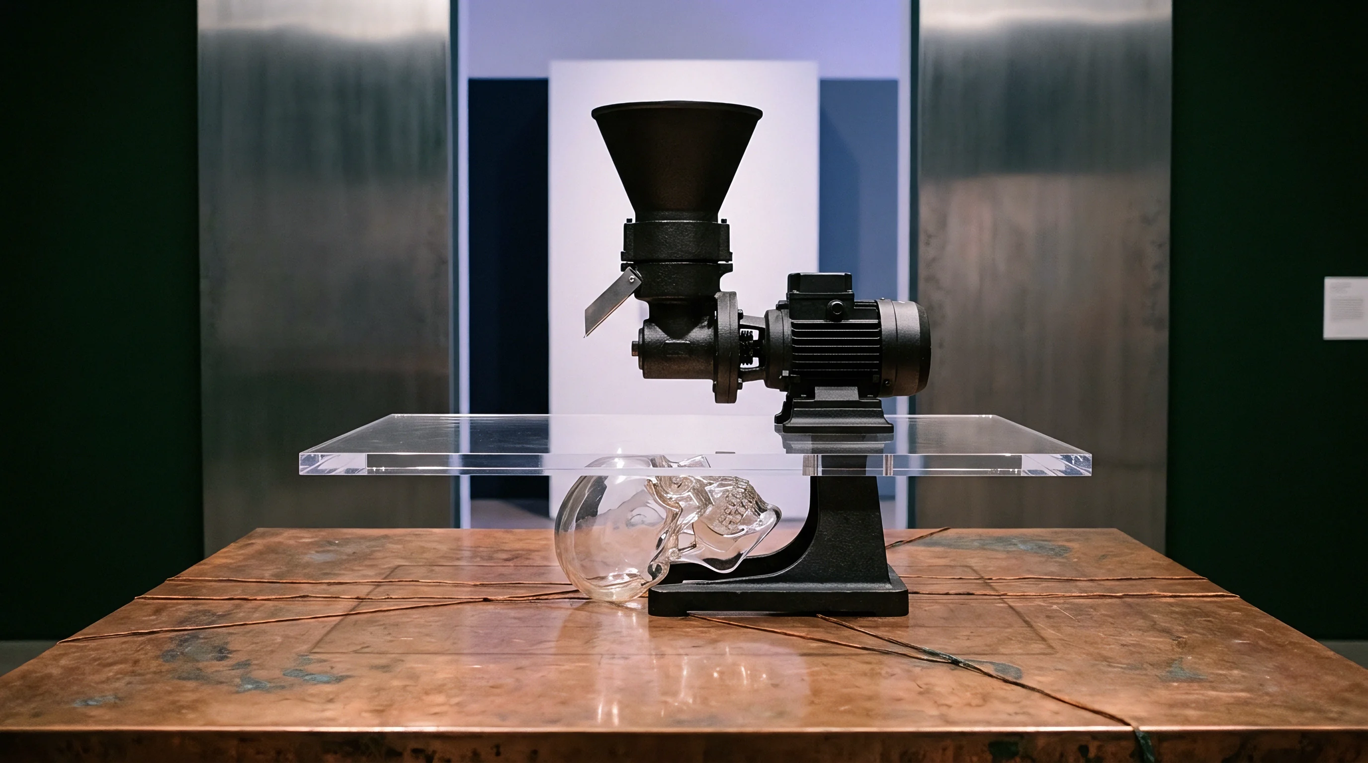 A black industrial hopper pump assembly is mounted above a clear acrylic platform holding a glass skull filled with liquid, all resting on a textured surface.