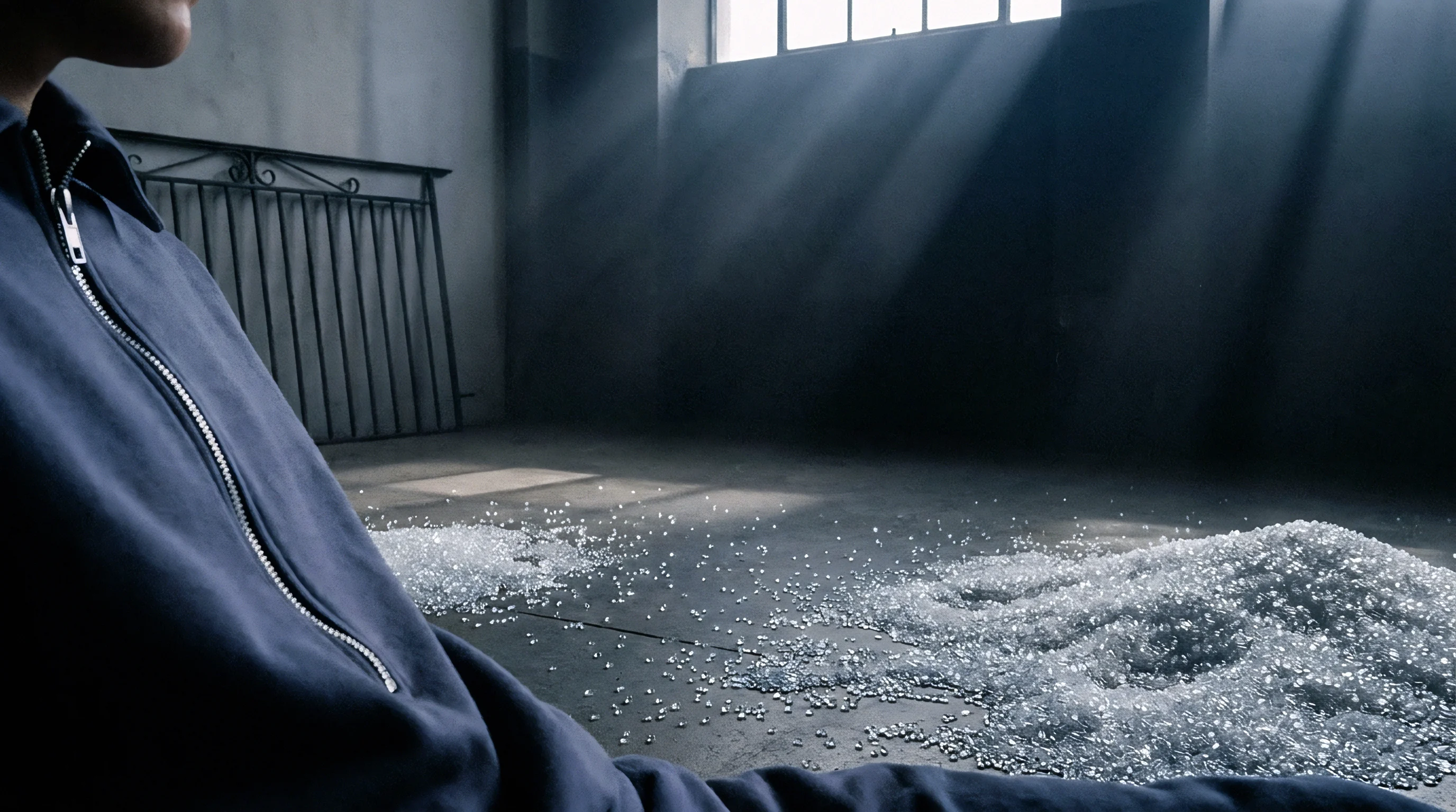 Piles of translucent polymer granules lie scattered across a gray concrete industrial floor next to a worker wearing blue overalls.