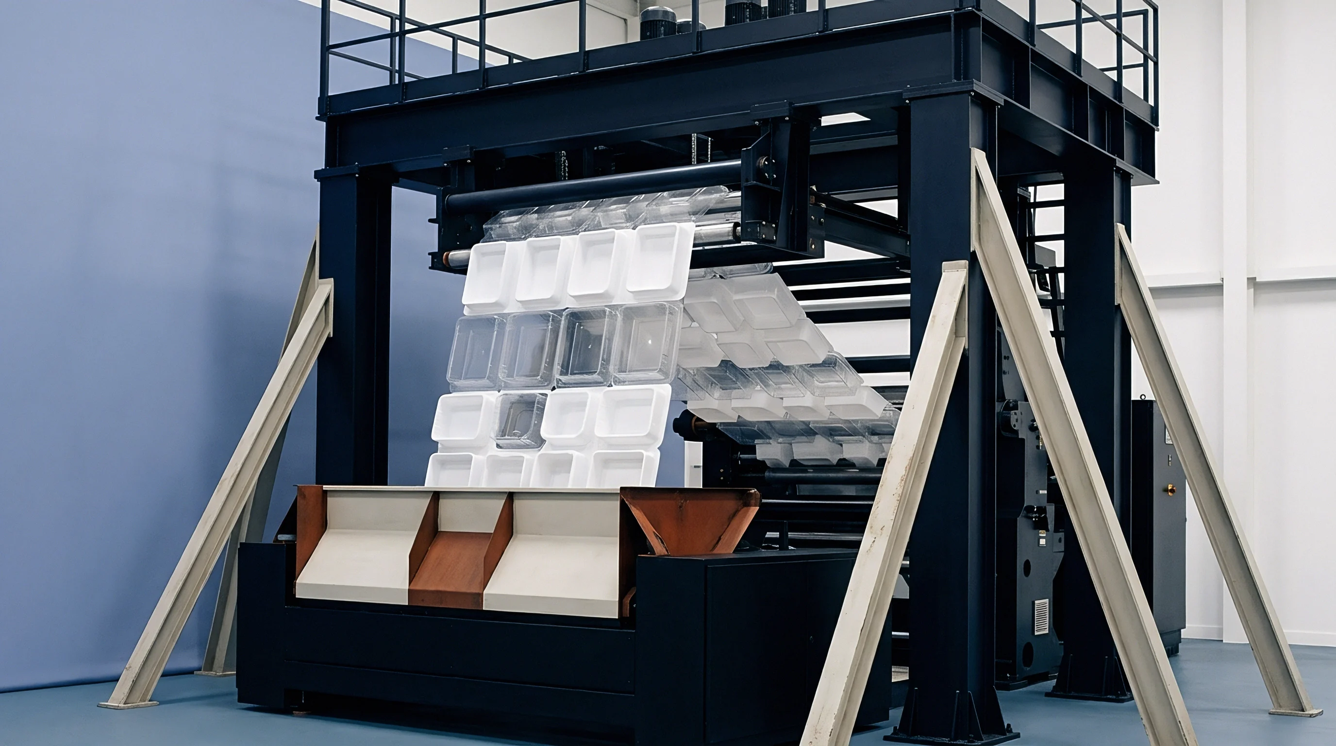 A large industrial thermoforming press separates moulded plastic food trays from a continuous feed sheet within a manufacturing plant.