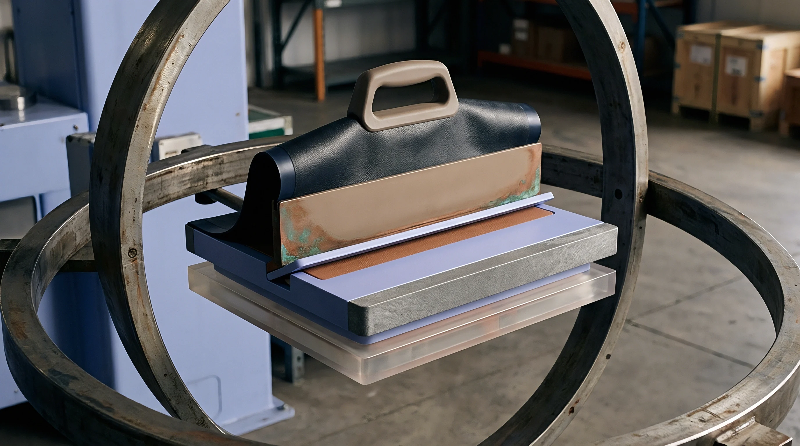 Nested metal rings suspend a multi material tooling assembly incorporating a textured polymer grip and copper plates in this industrial digital render.