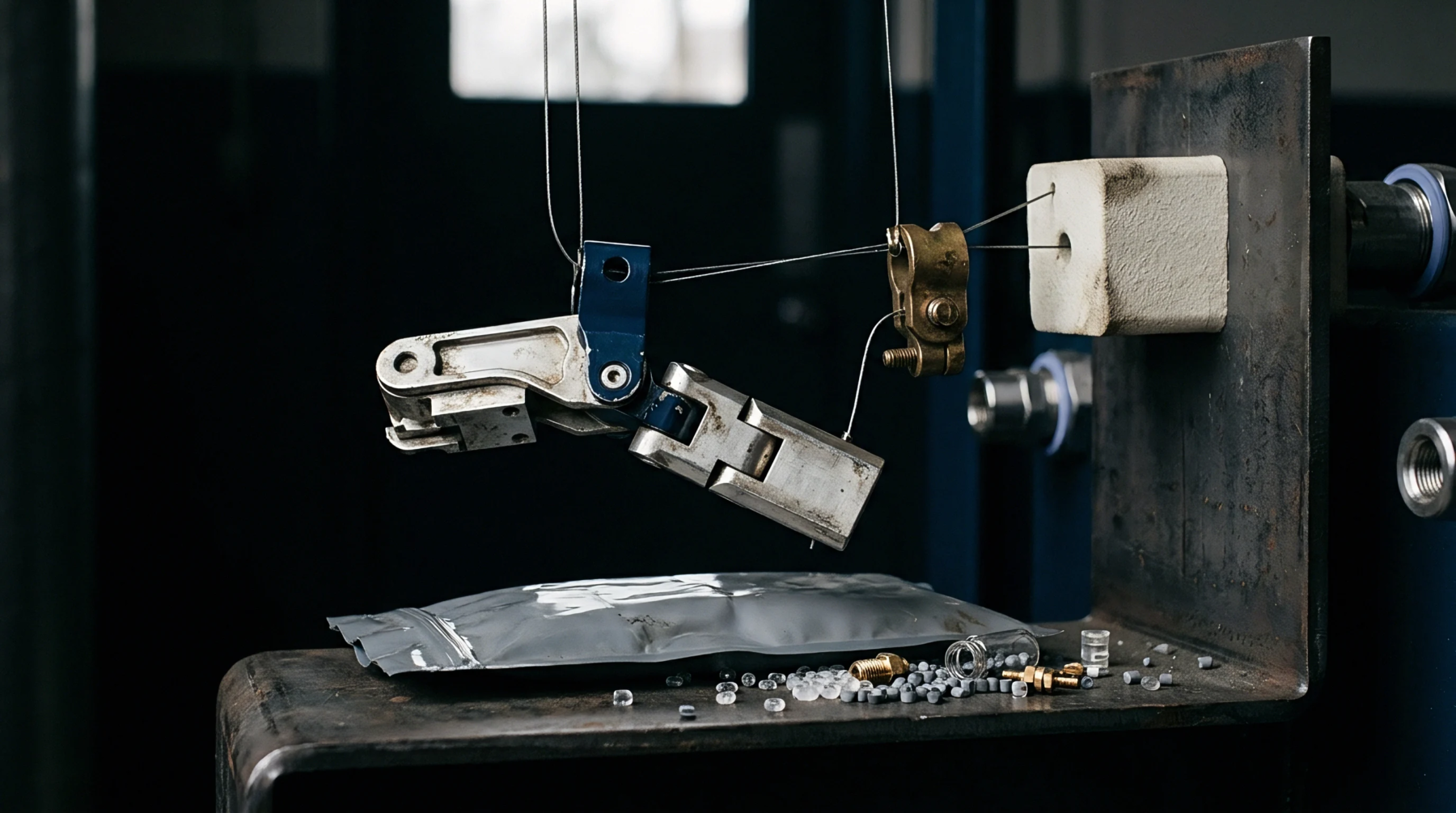 Mechanical clamps and custom steel tooling suspend over a metal workbench containing polymer pellets brass fittings and a sealed moisture barrier pouch.