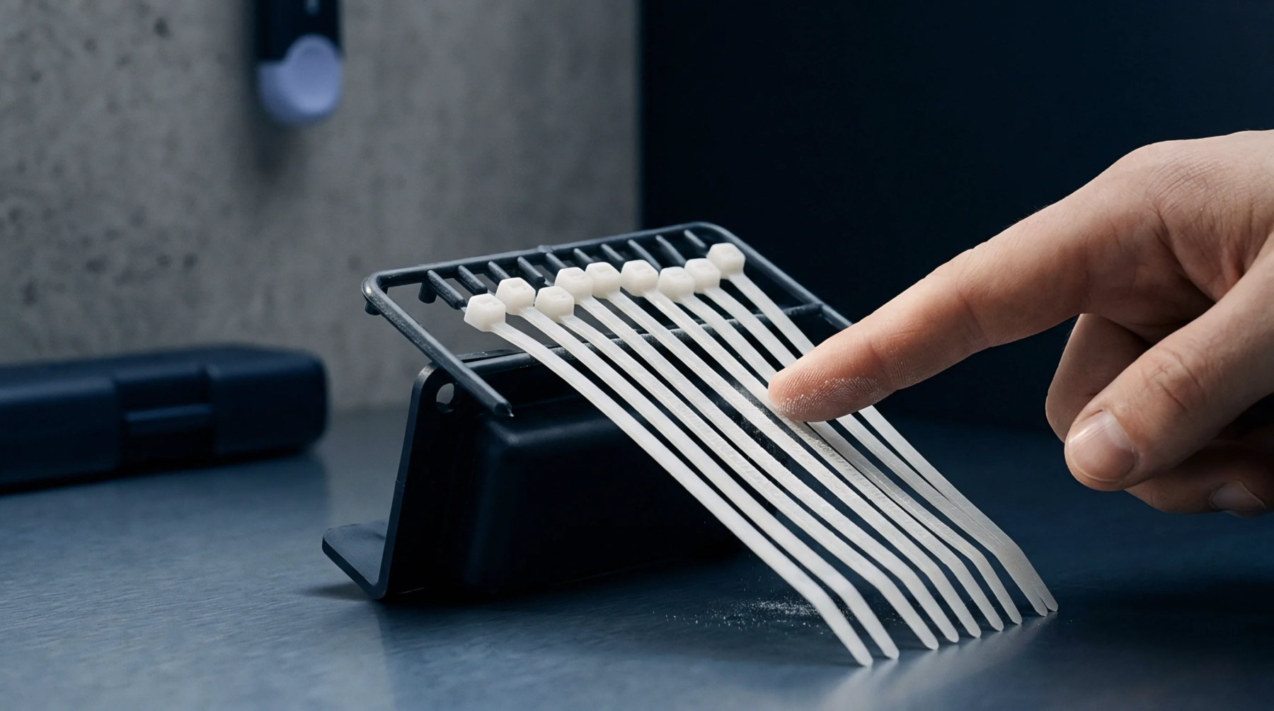 A row of white injection molded nylon cable ties remains attached to a plastic sprue after removal from the production tool cavity.