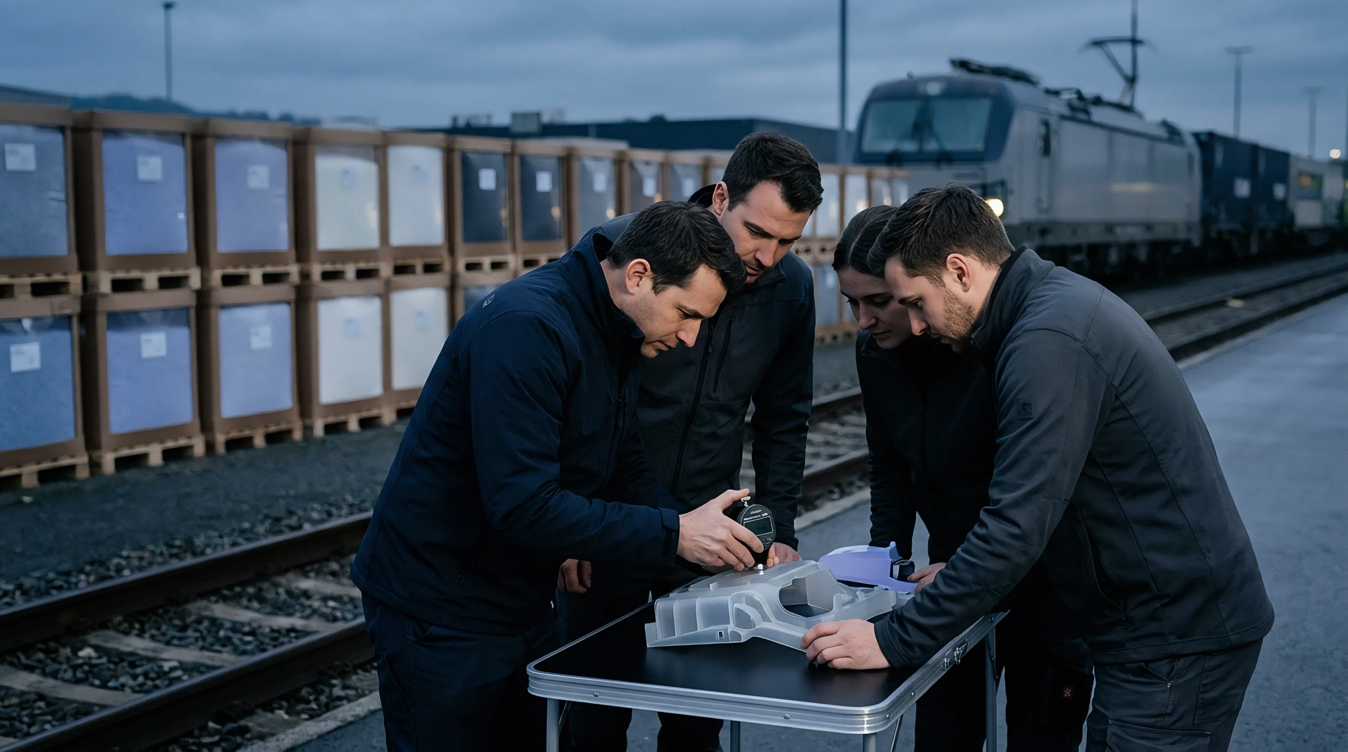 Engineers examine a clear injection molded polymer component using a precision measurement tool outdoors at an industrial rail yard.