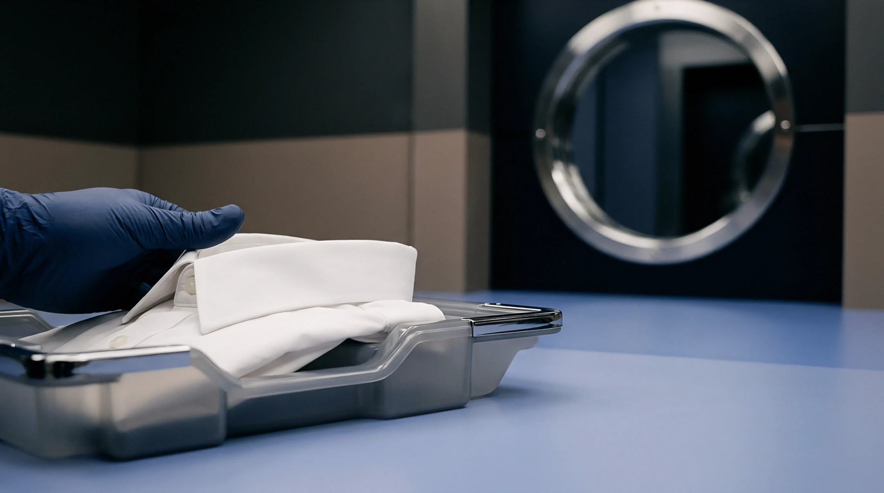 Molded polymer tray containing a fabric sample rests on a blue workstation inside a controlled industrial cleanroom production facility.