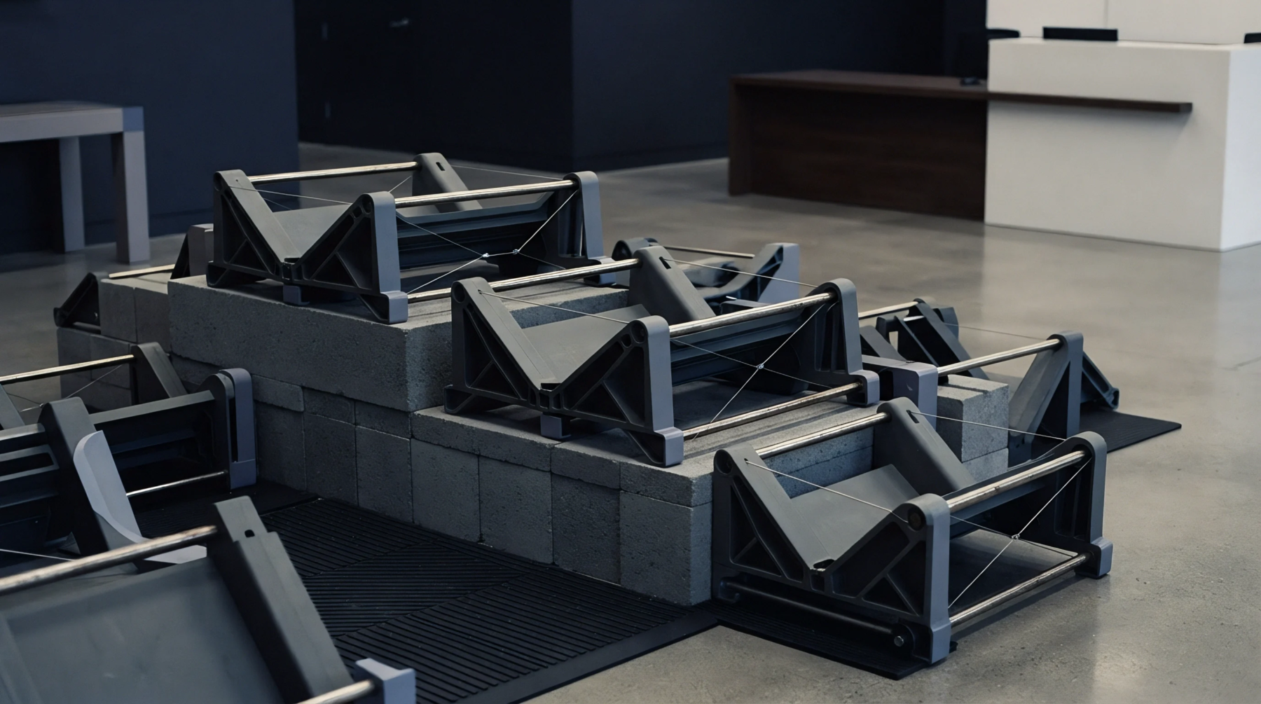 Multiple injection molded polymer support assemblies with steel rods are arranged on tiered gray concrete blocks in a modern minimalist showroom.