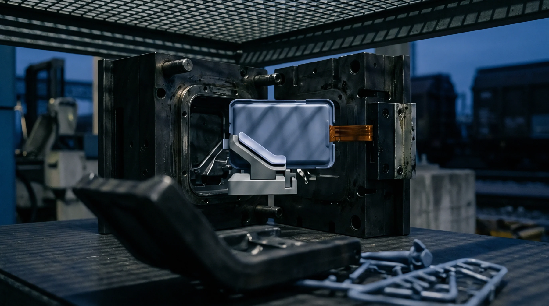 Open steel injection mould holding a blue thermoplastic housing with an integrated flexible printed circuit inside a manufacturing facility.