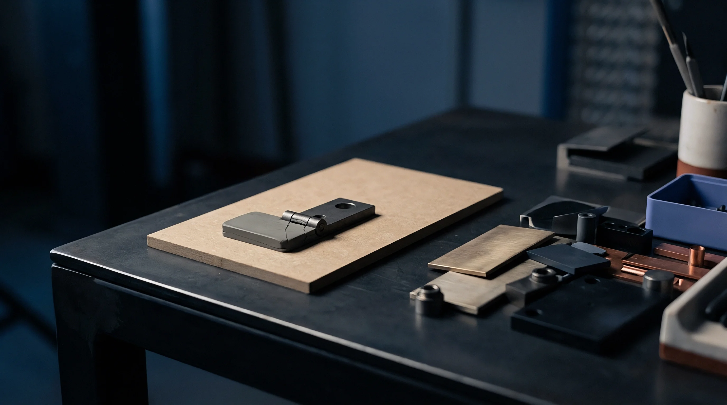 A polymer hinge prototype rests on a rectangular board alongside diverse metal and plastic material samples on a dark steel workbench.