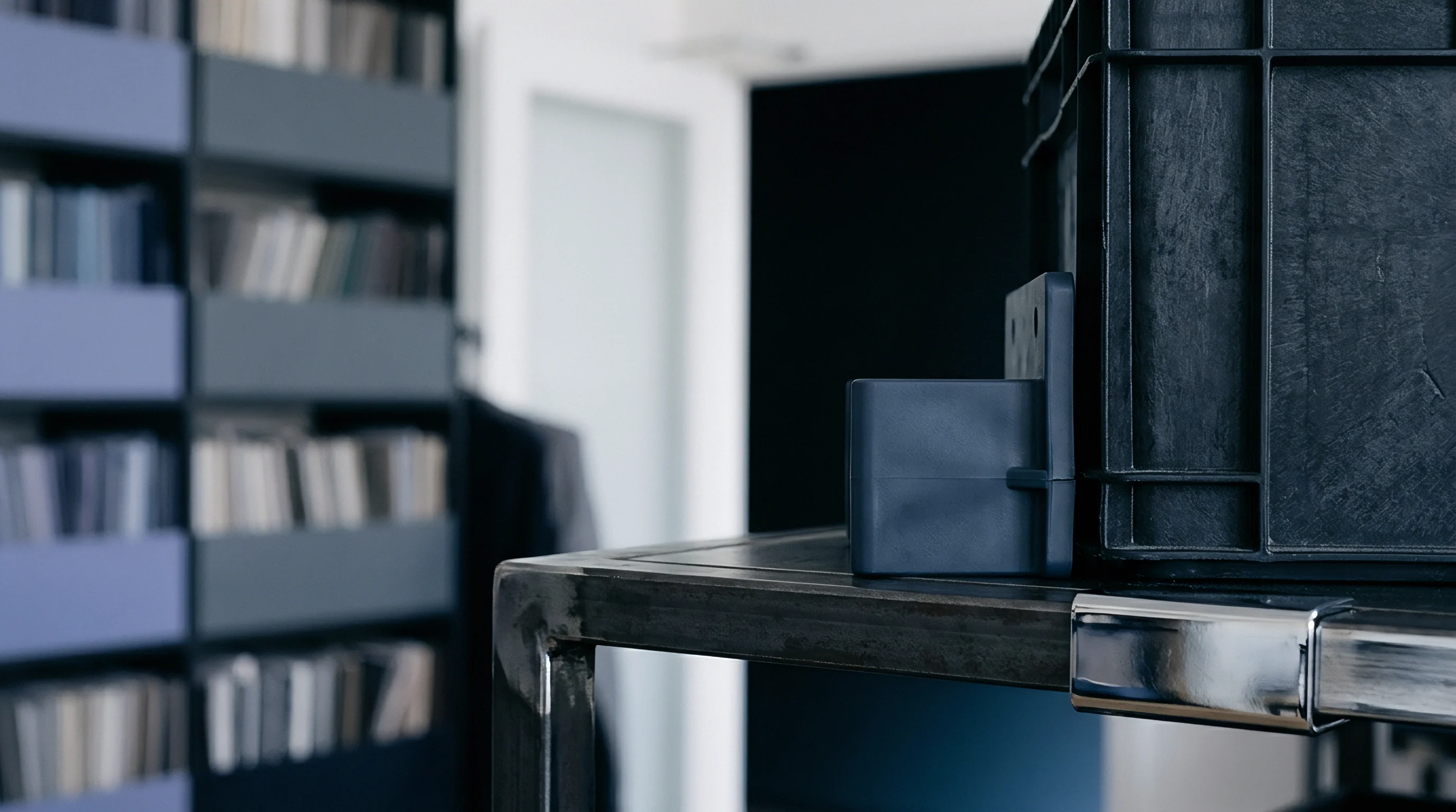 An injection moulded polymer component rests beside a heavy duty plastic crate on a metal workbench in a product design studio.