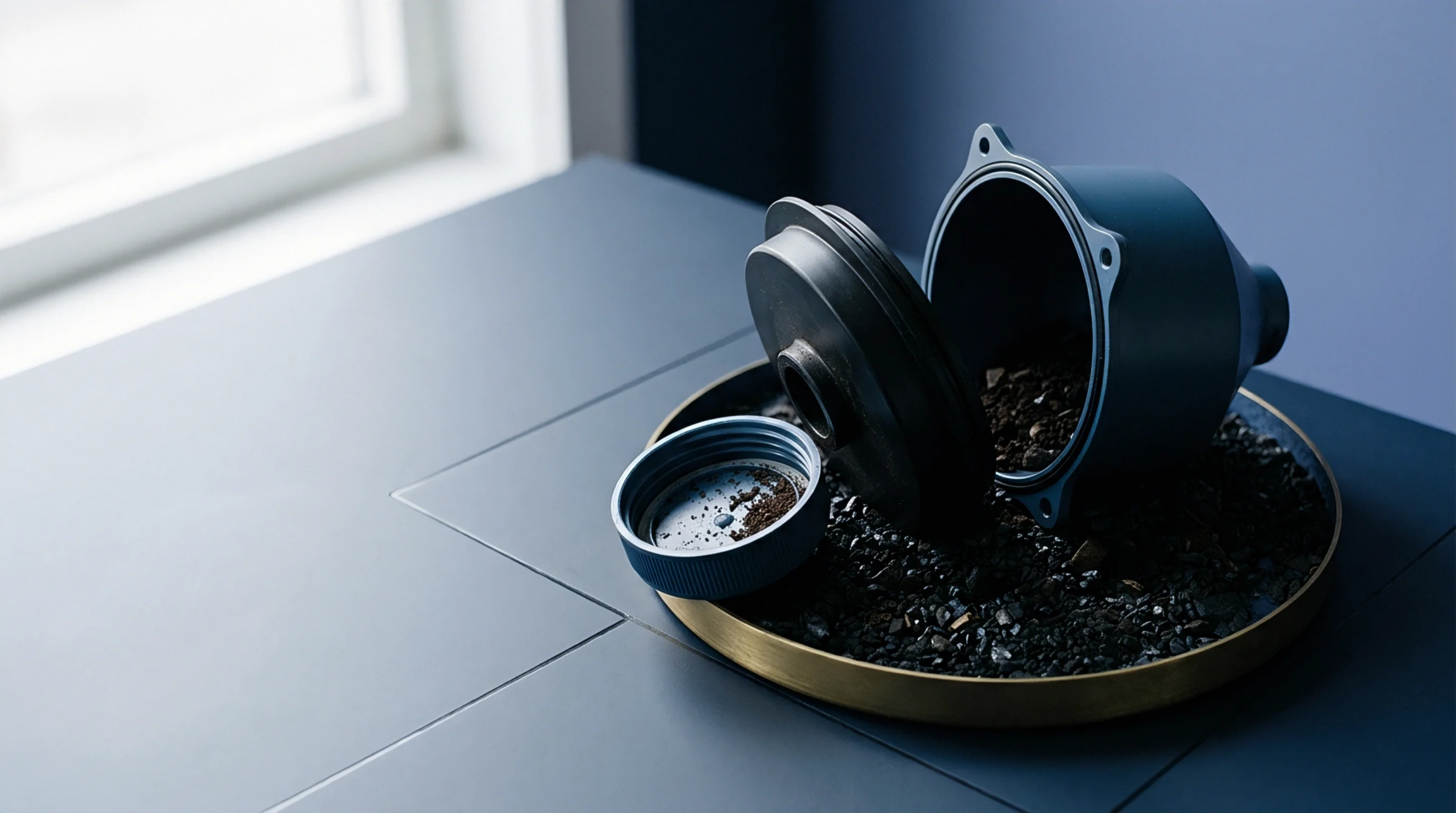 An open injection moulded blue polymer filter casing sits on a circular metal tray surrounded by black granulated carbon media on a dark table.