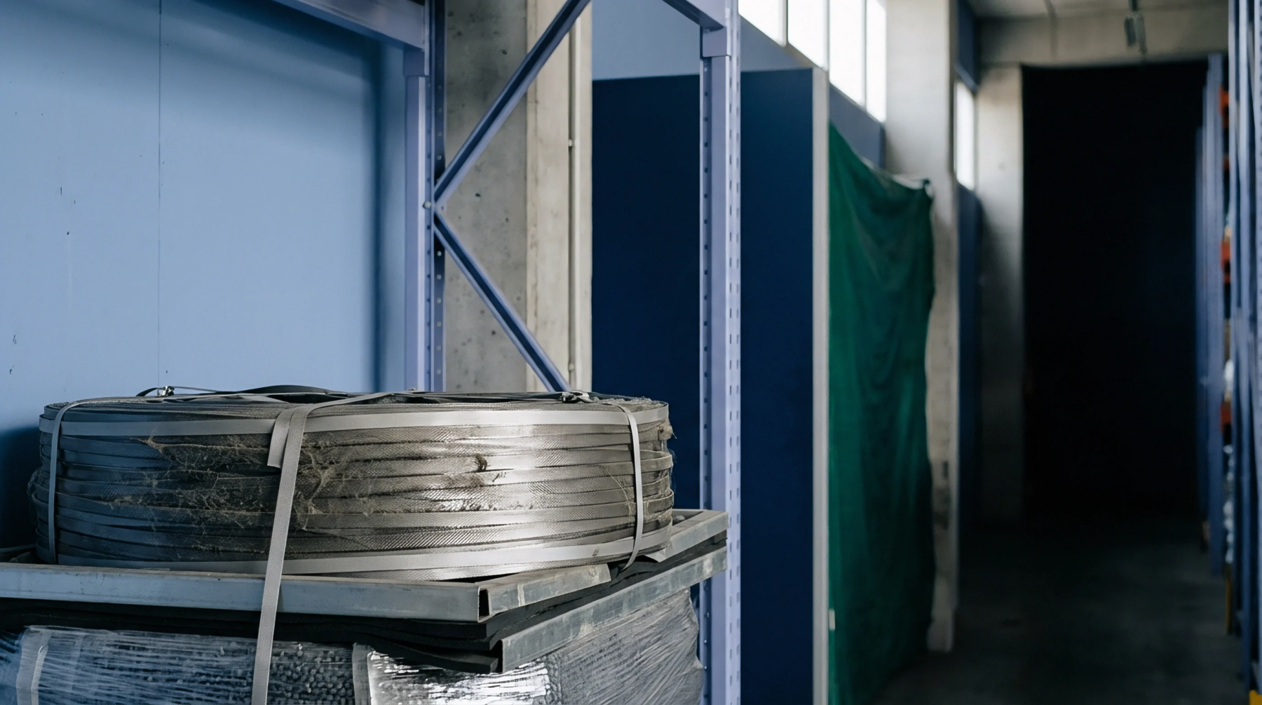 Bundled industrial strapping rests on a storage pallet inside a high volume production warehouse with modular blue racking and green plastic screens.