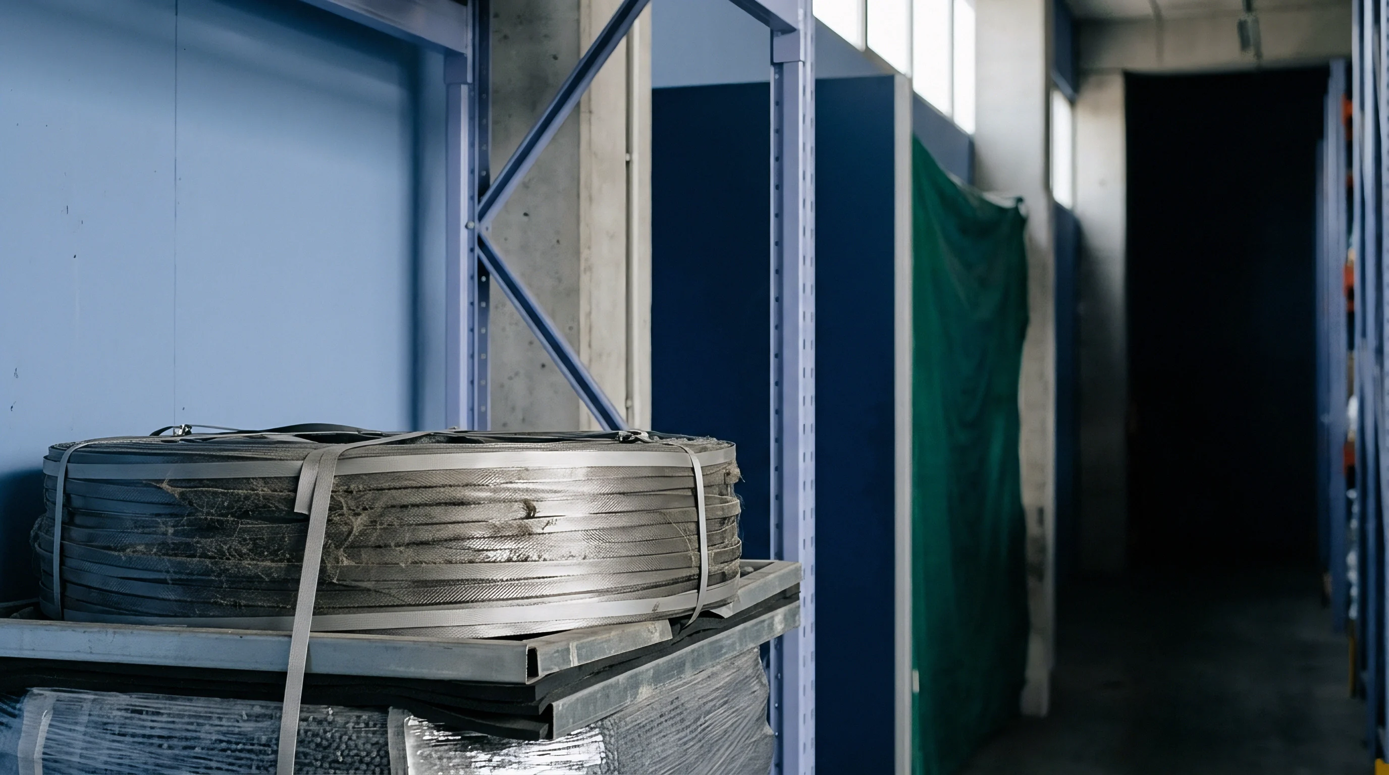 Bundled industrial strapping rests on a storage pallet inside a high volume production warehouse with modular blue racking and green plastic screens.