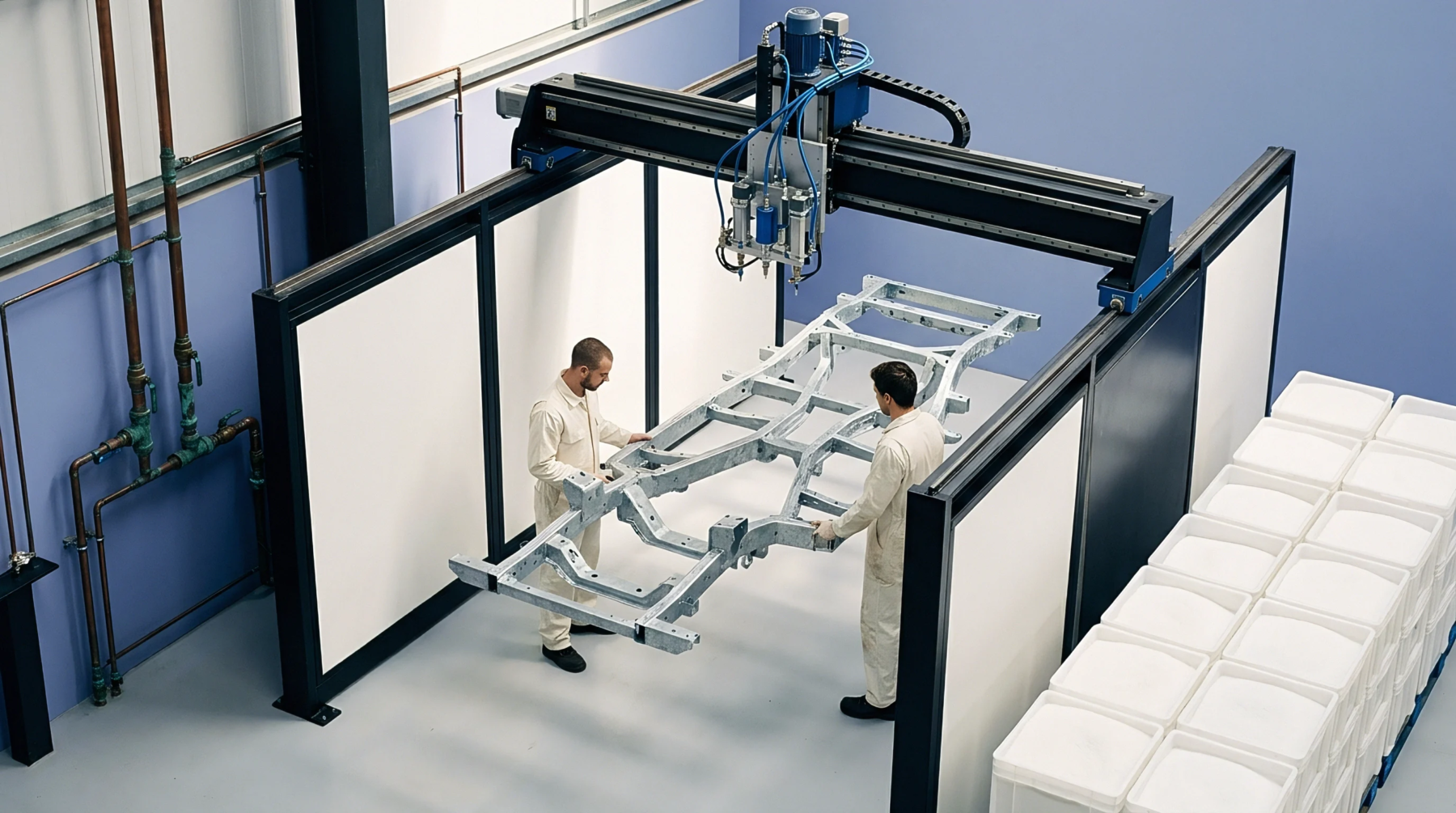 Two technicians in protective overalls position a large vehicle frame under a robotic gantry system within a manufacturing enclosure.