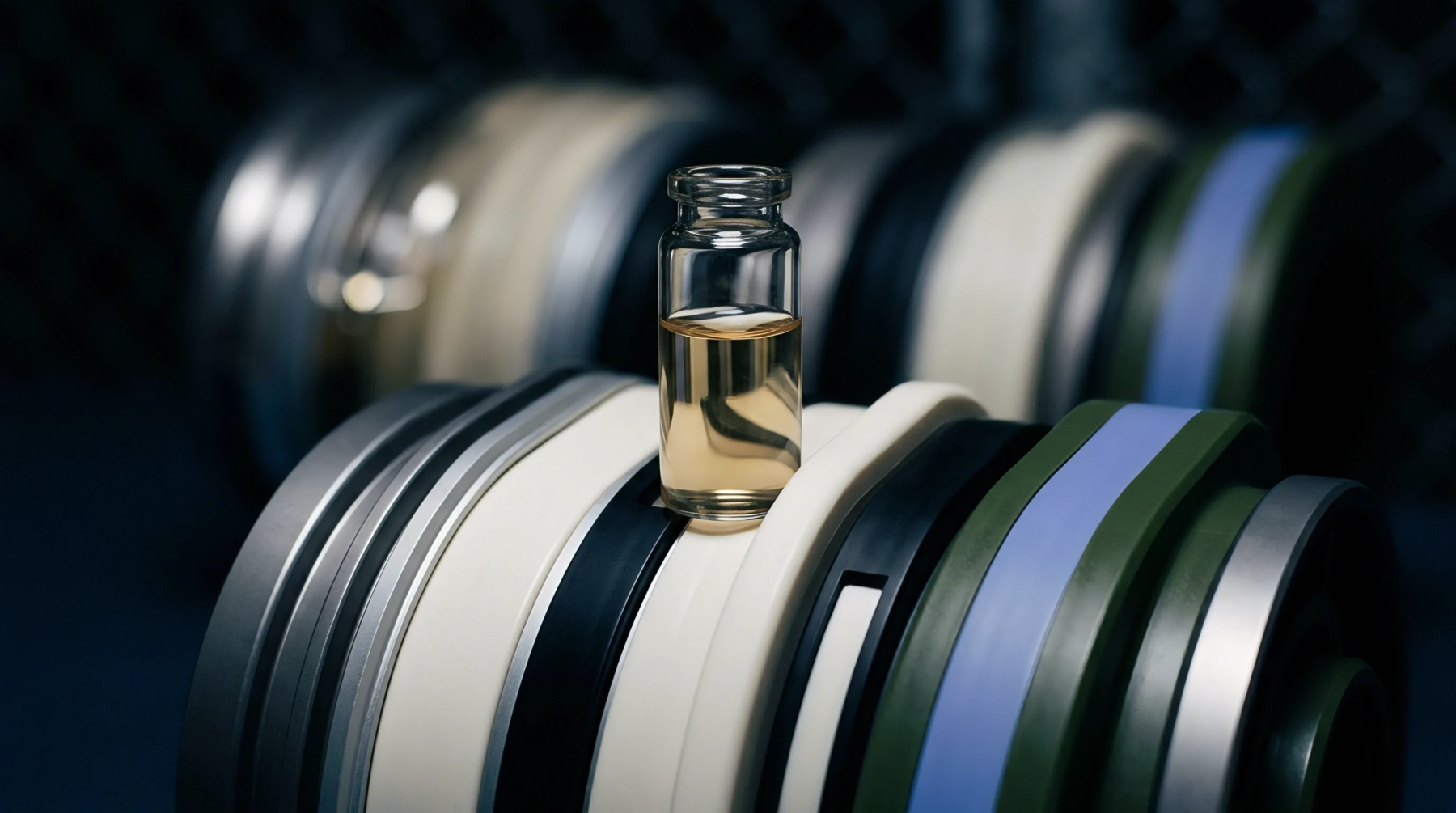 A clear glass vial containing amber liquid polymer formulation stands on a horizontal stack of multicolored industrial elastomeric seals.