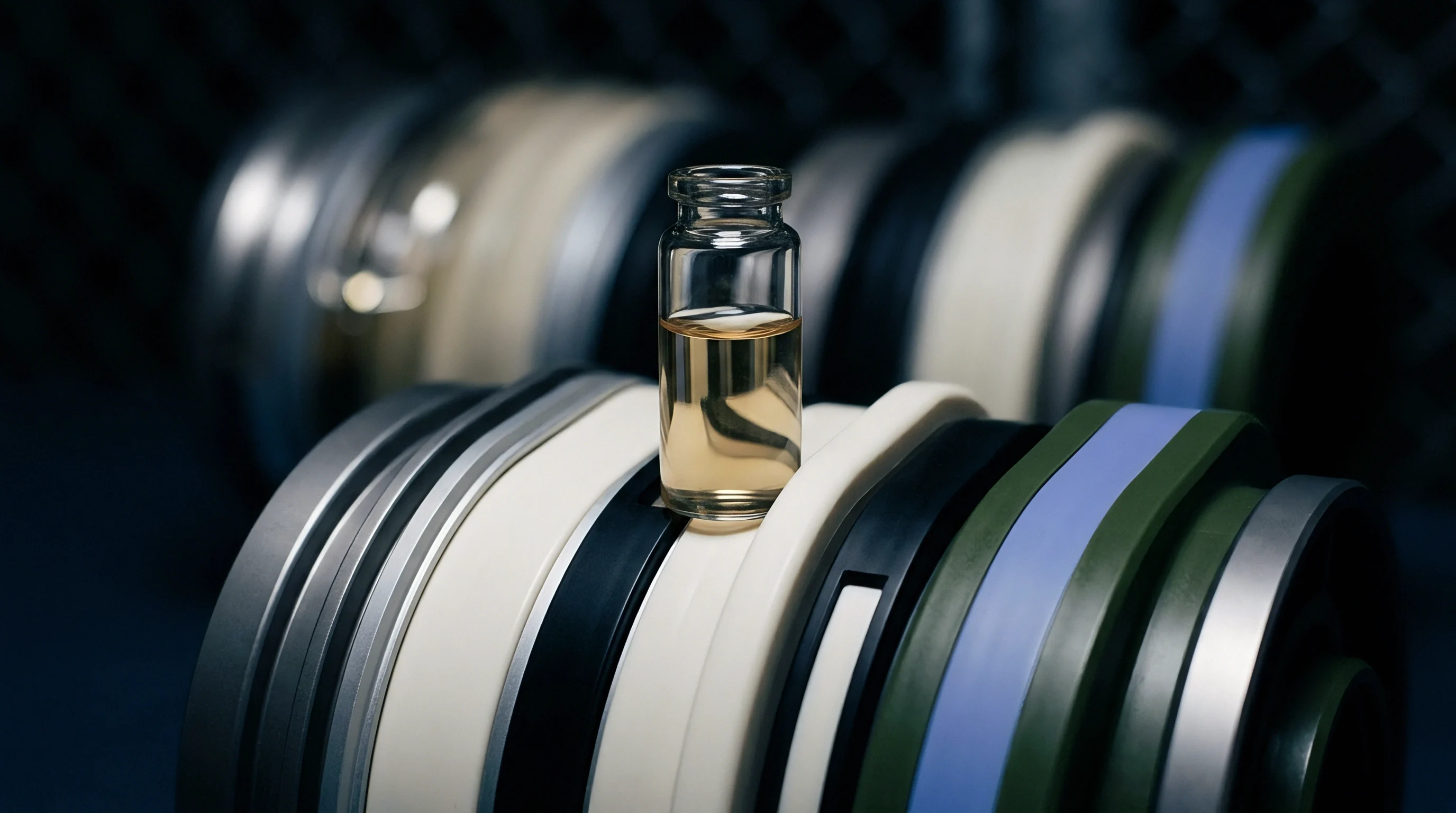 A clear glass vial containing amber liquid polymer formulation stands on a horizontal stack of multicolored industrial elastomeric seals.