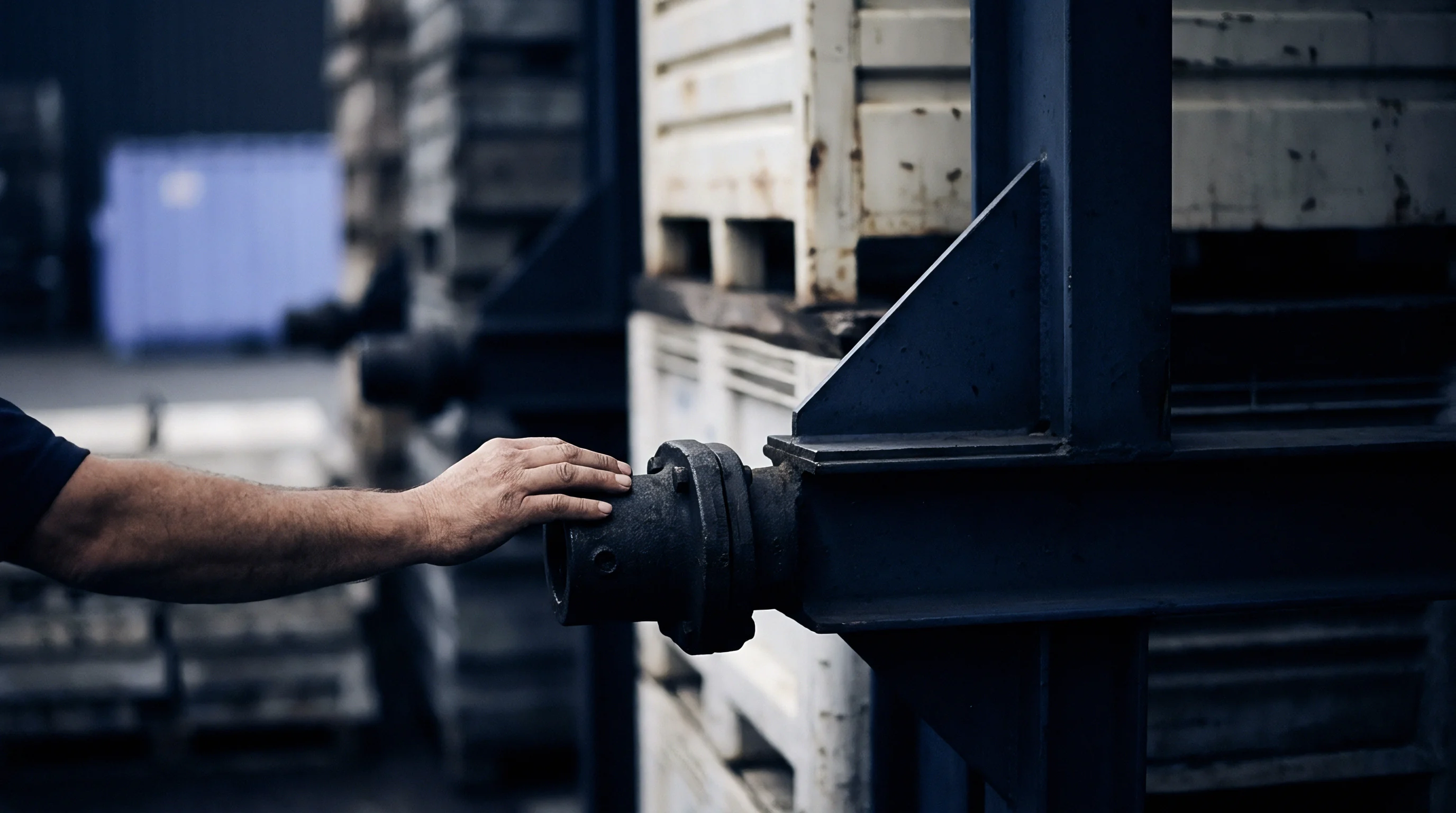 An operator extends an arm to touch a cylindrical flange fitting on a stacked industrial racking system for production tools.